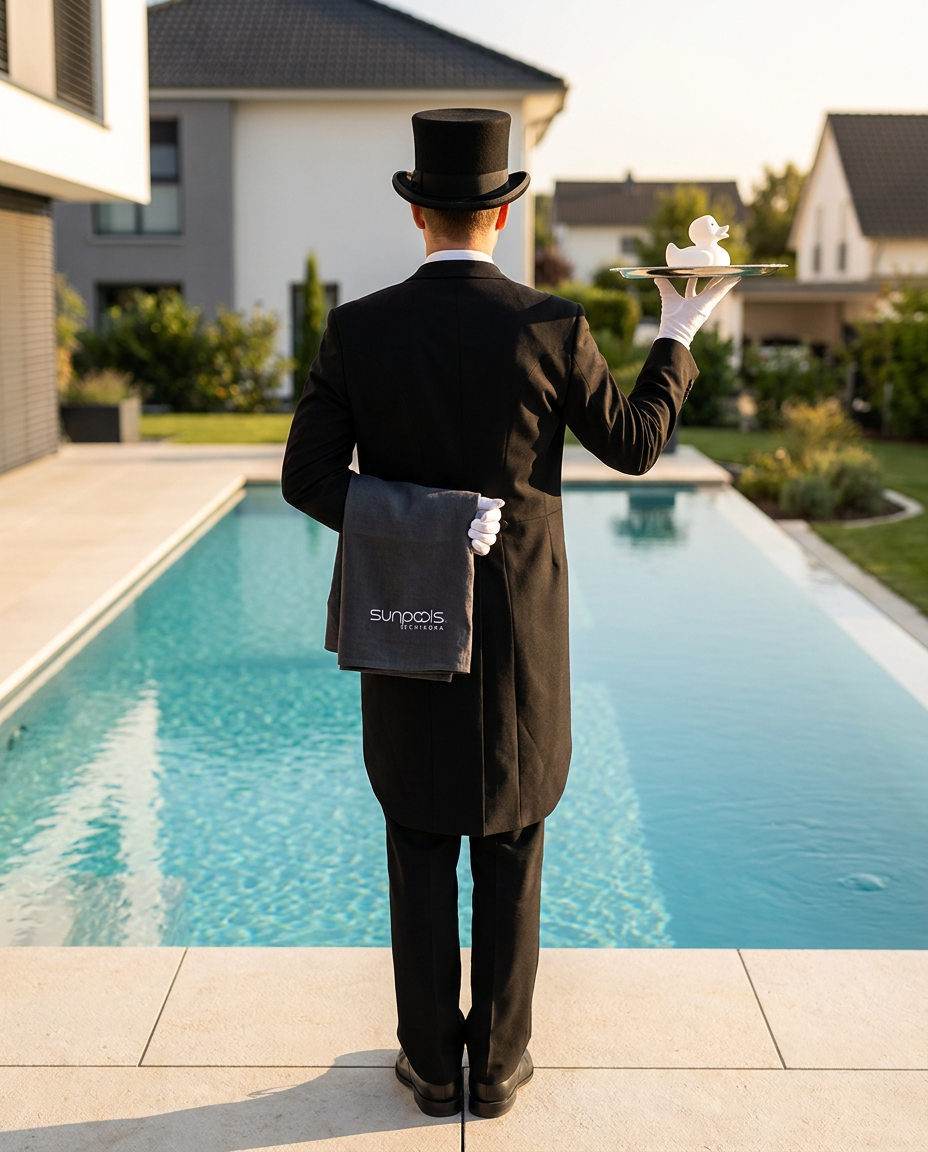 Butler mit Zylinder von hinten am Pool, sunpools-Tuch über dem Arm und Serviertablett mit Gummiente — der Concierge Service kümmert sich um alles