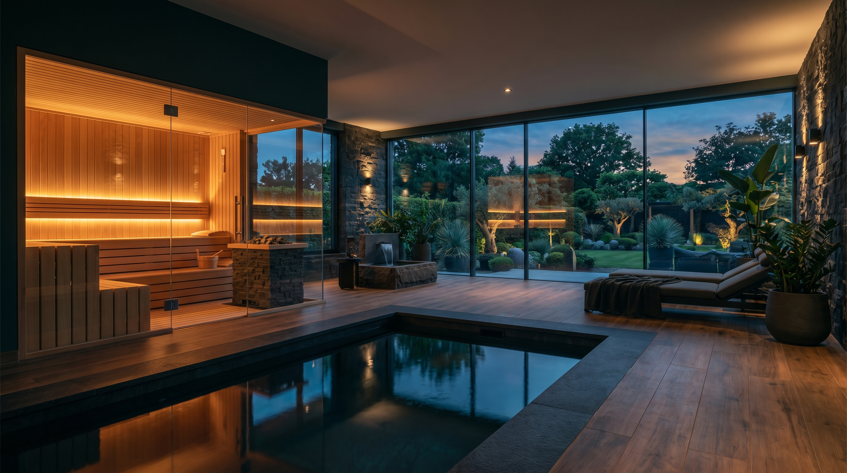 Moderne private Saunalandschaft mit Pool