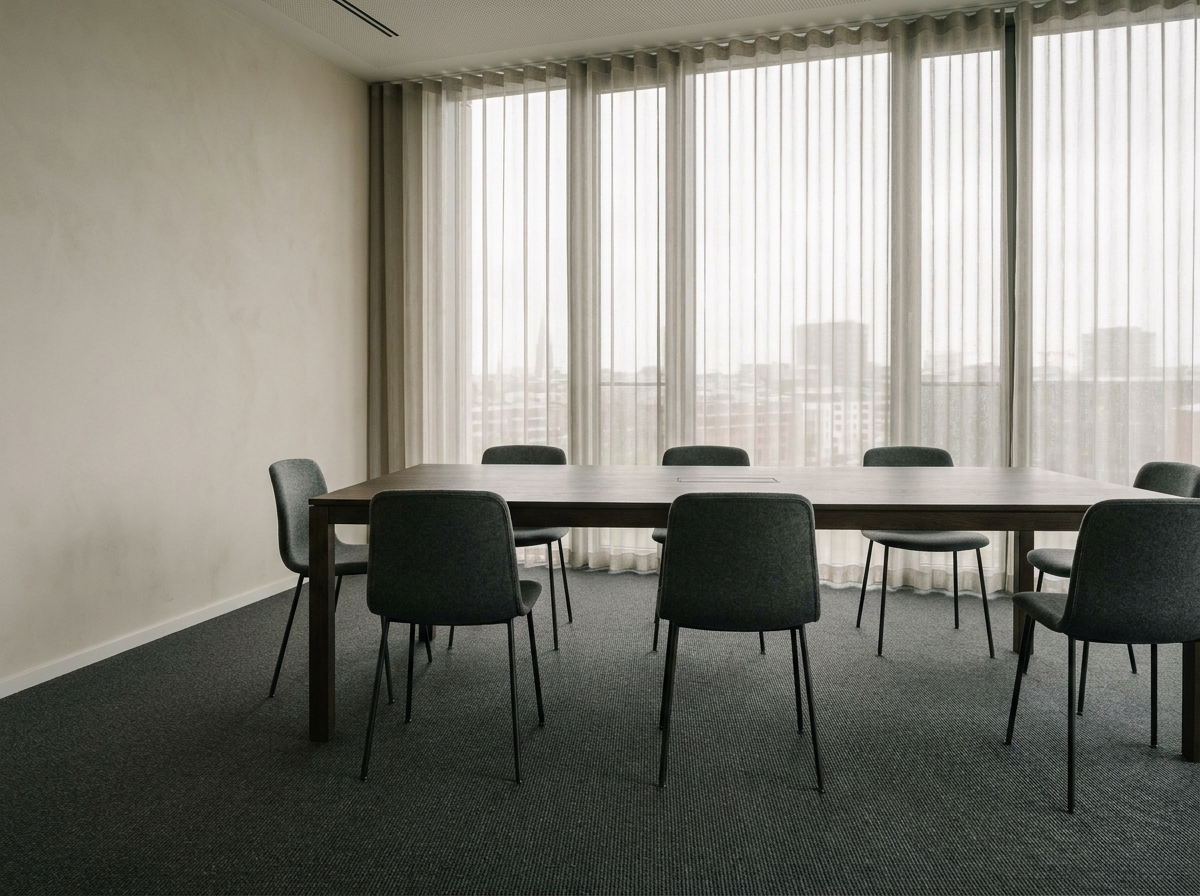 Konferenzraum mit grauem Teppichboden und Flächenvorhang