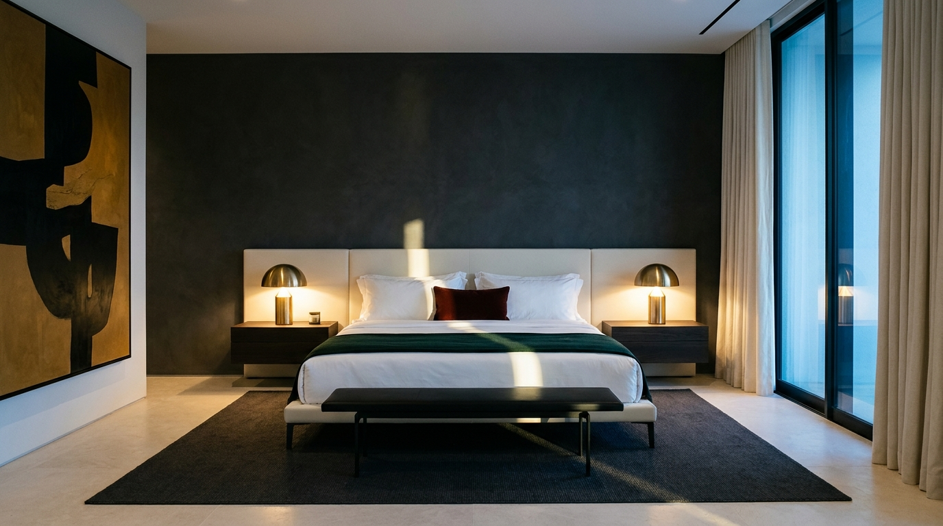 Schlafzimmer mit dunkelgrünem Kopfteil, Leinen in Rost und Ocker