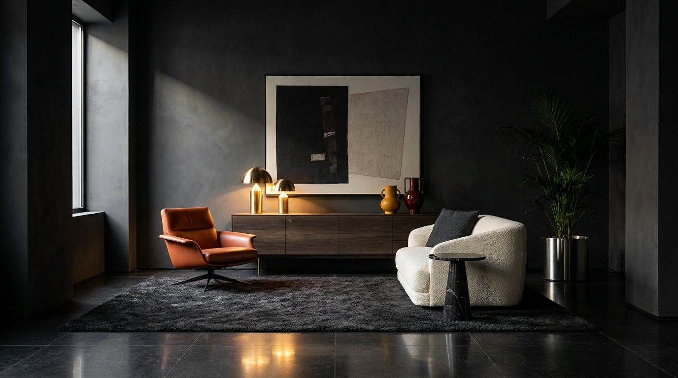 Sideboard aus Nussbaum vor olivgrüner Wand mit Keramik und Kunst