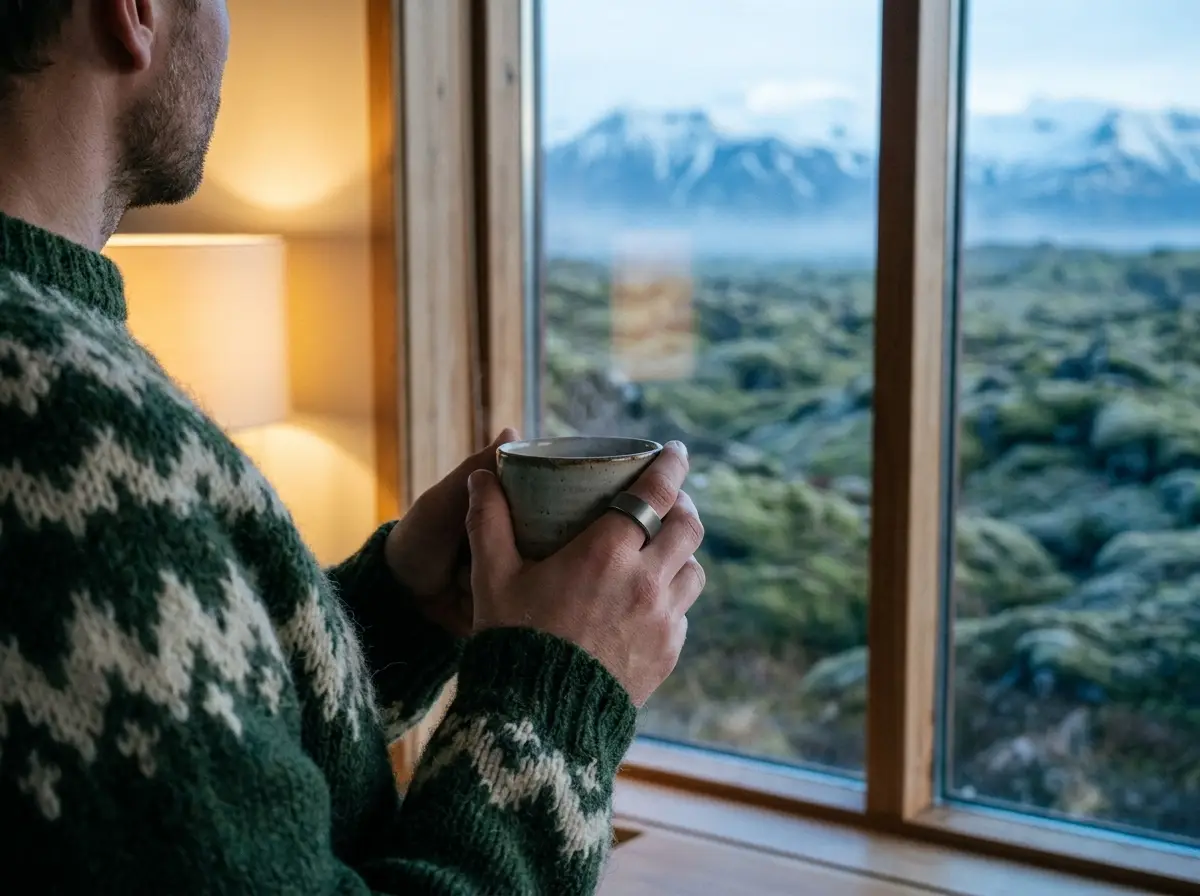 Morgunkyrrð með ULTRAHUMAN AIR hringnum, íslenskt hraun í mistri