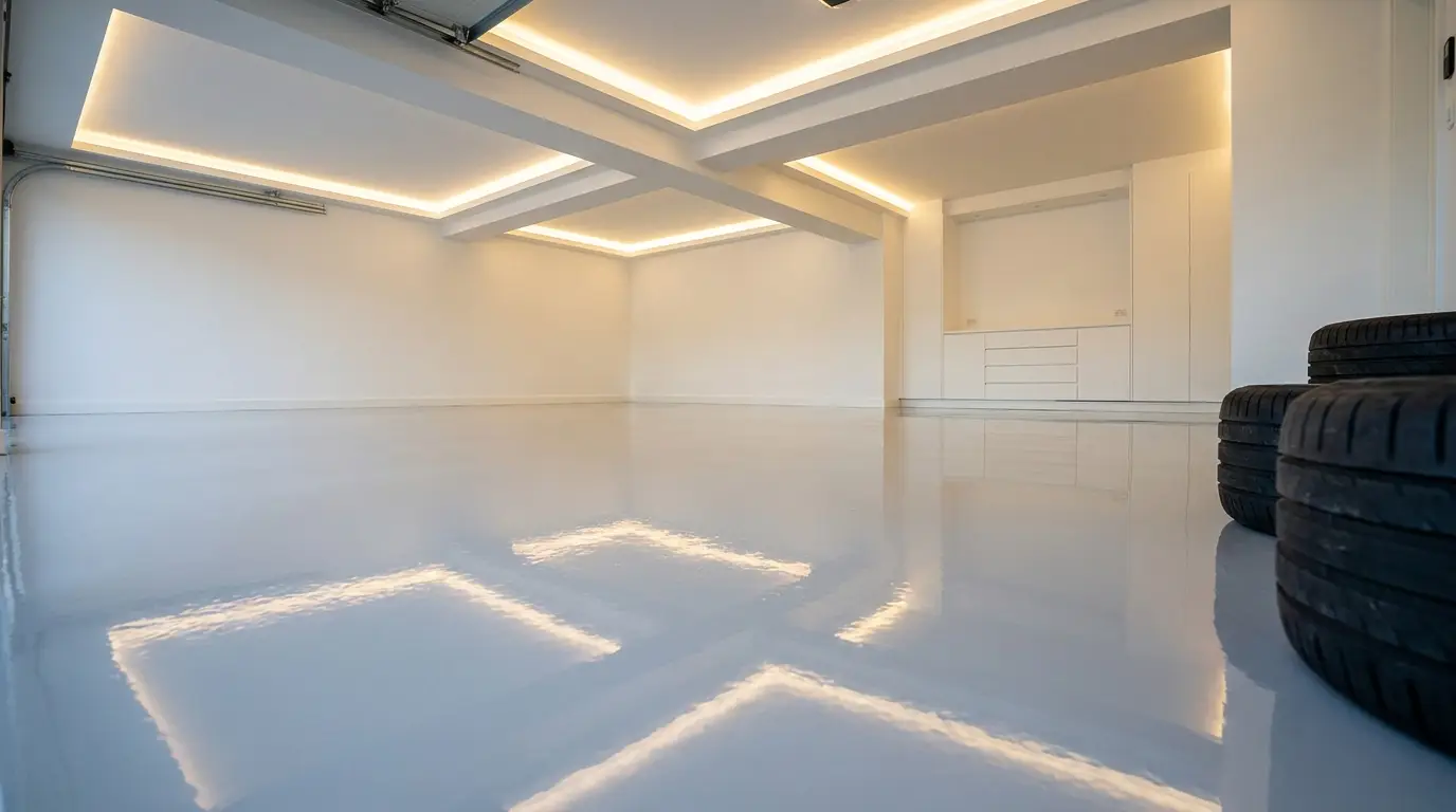 High-gloss grey epoxy garage floor installation in Toronto