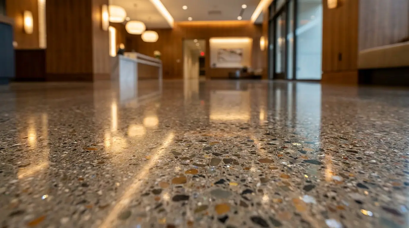 Mirror-like polished concrete floor showing aggregate reflection