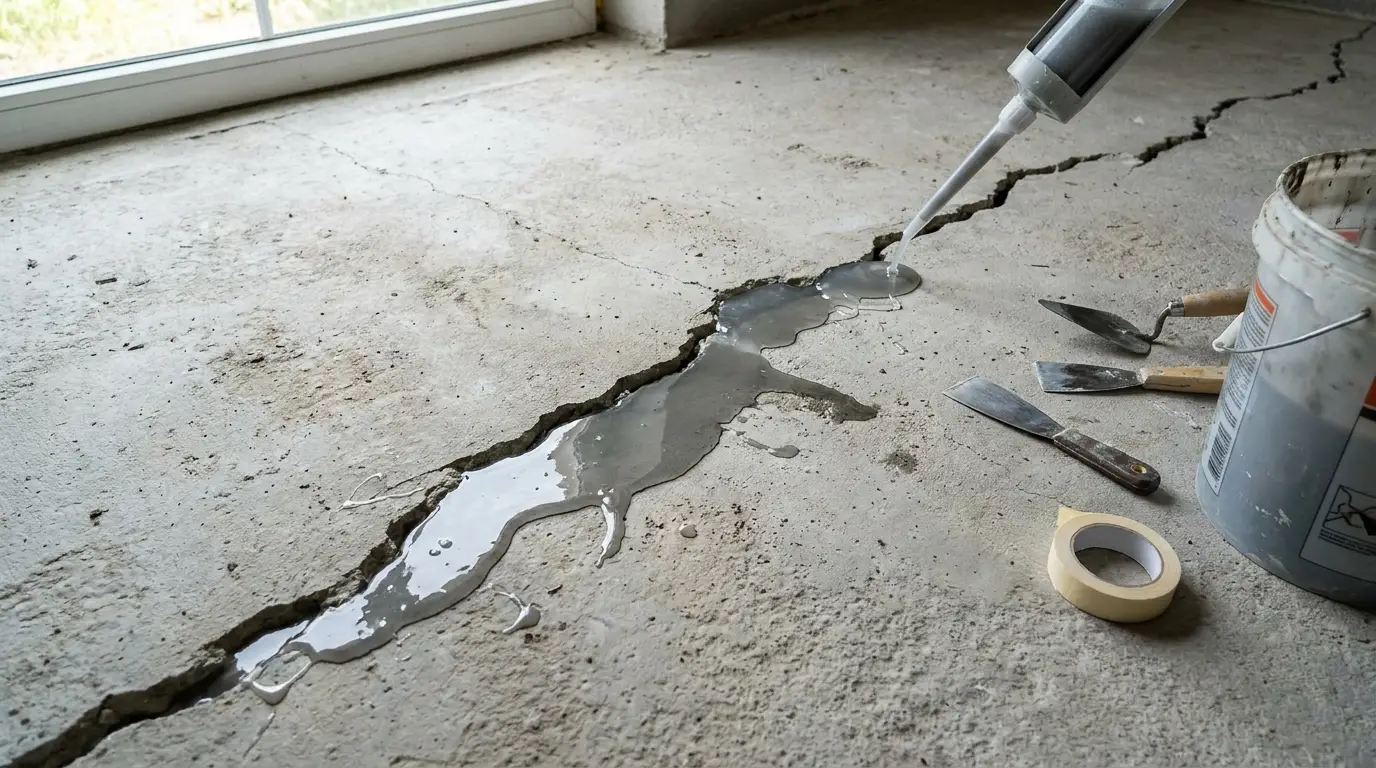 Epoxy floor crack repair with filler compound on concrete