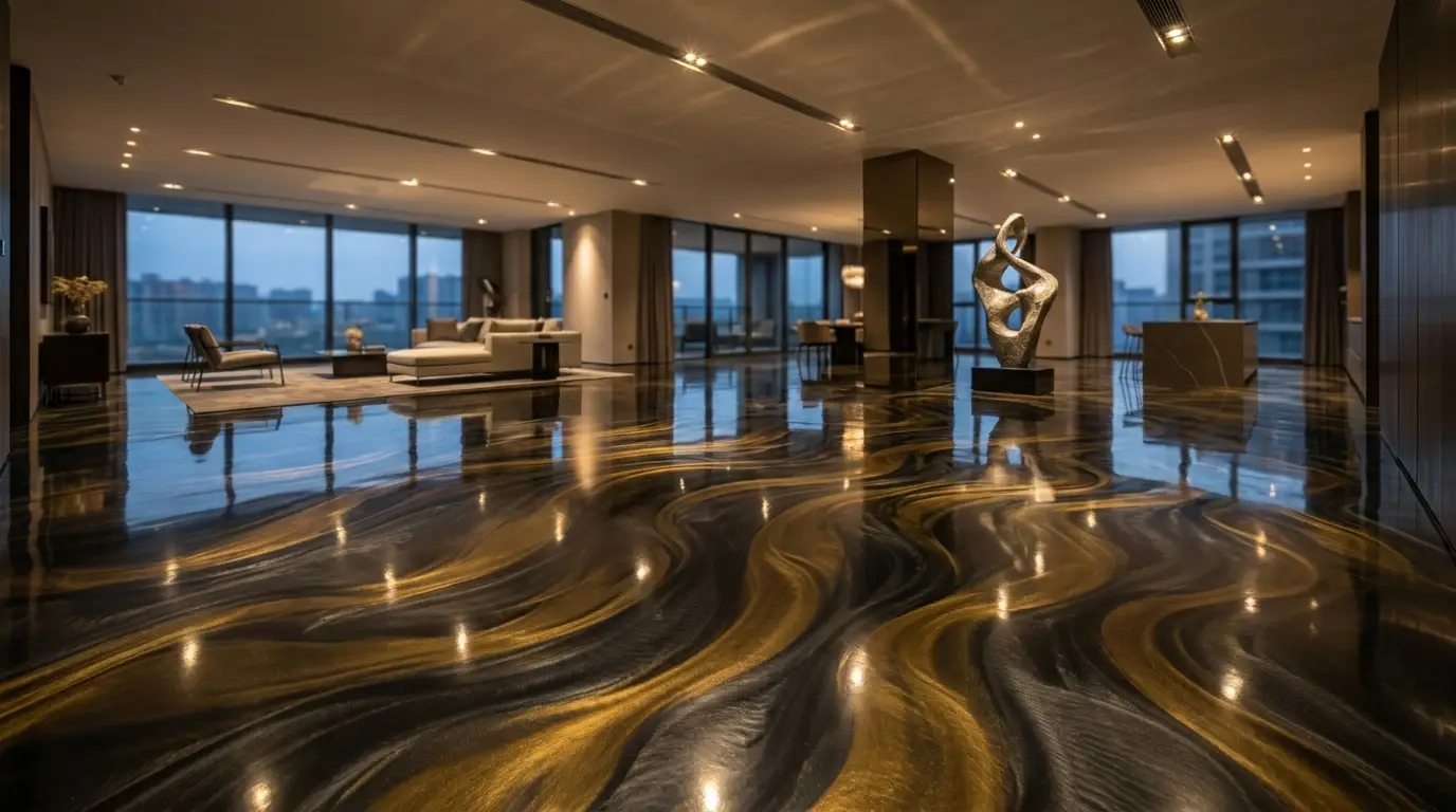 Luxury metallic gold and black epoxy floor with 3D swirl patterns