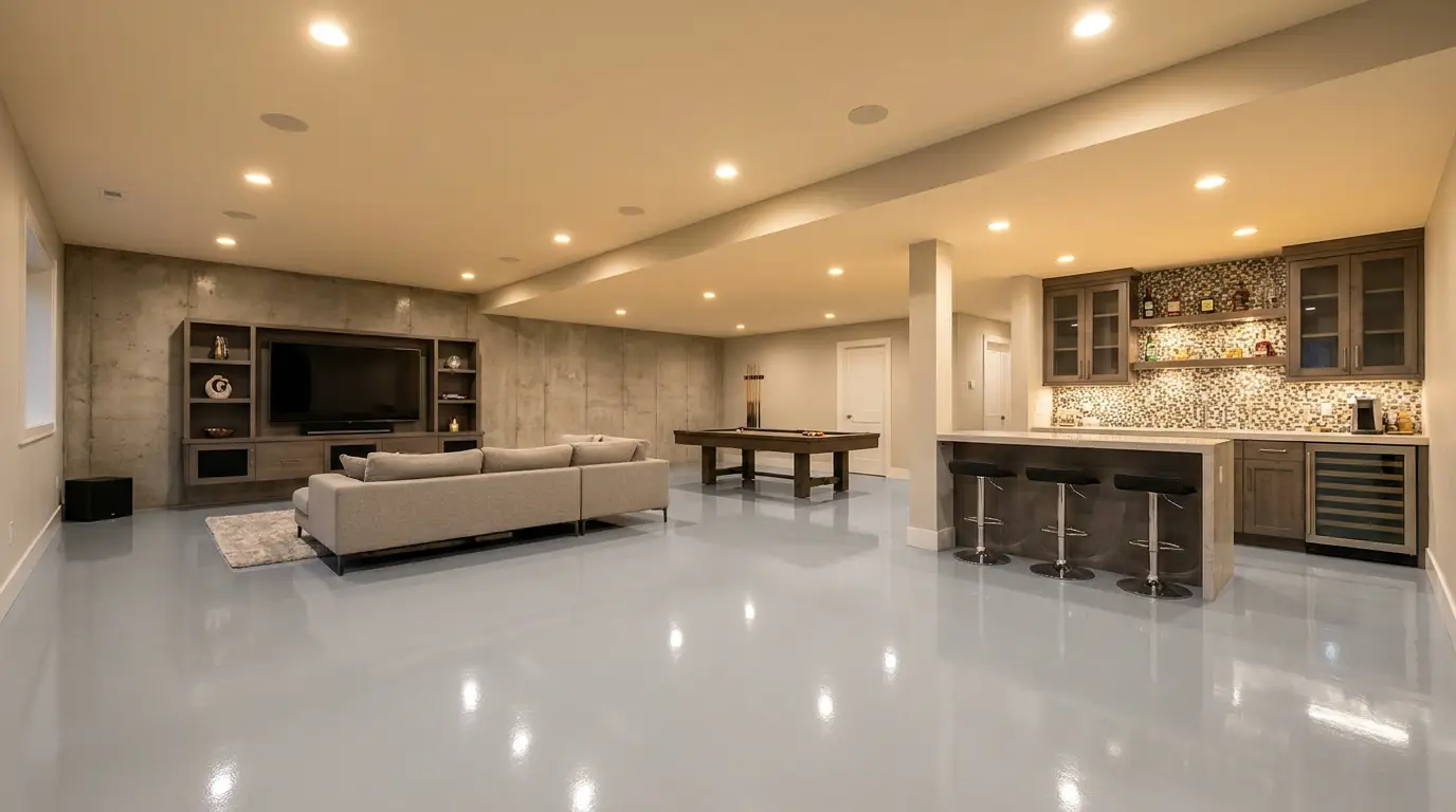 Finished basement with smooth seamless grey epoxy floor coating