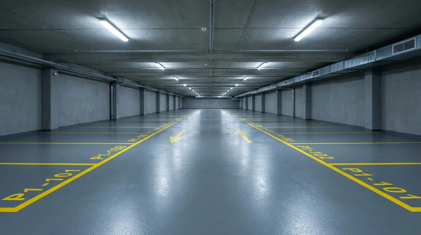 Underground parking garage with yellow line markings on epoxy floor