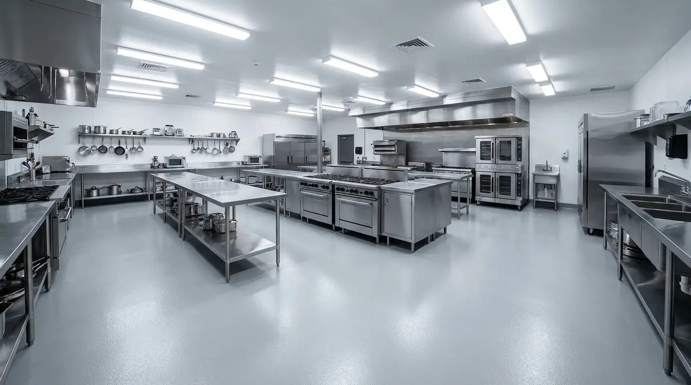Commercial restaurant kitchen with seamless non-slip epoxy floor