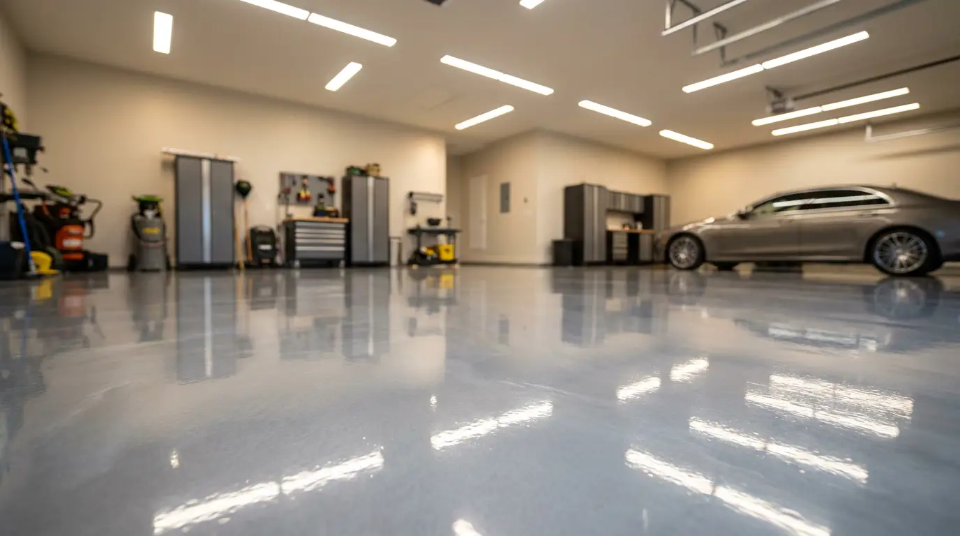 Ultra-high gloss polyaspartic floor coating in pearl grey