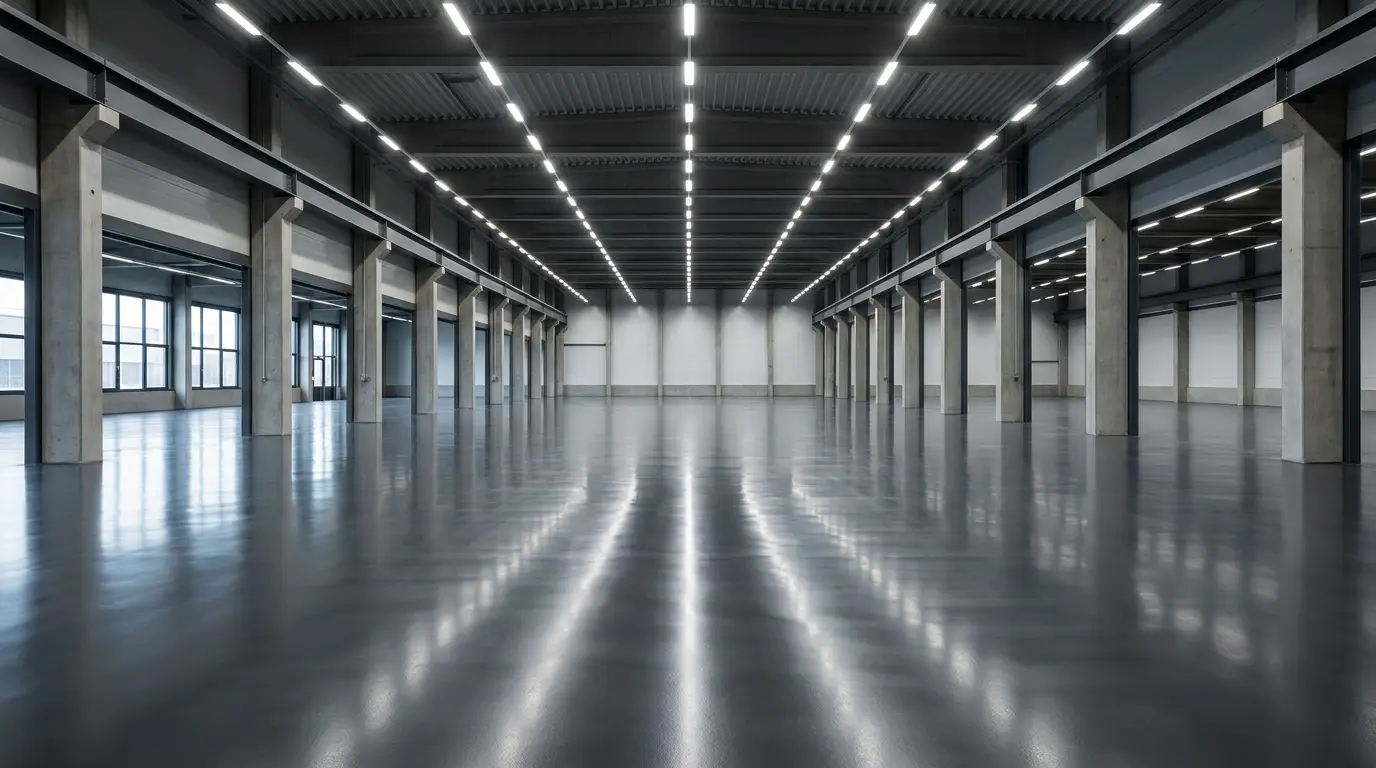Seamless dark grey polyurea floor coating in commercial interior