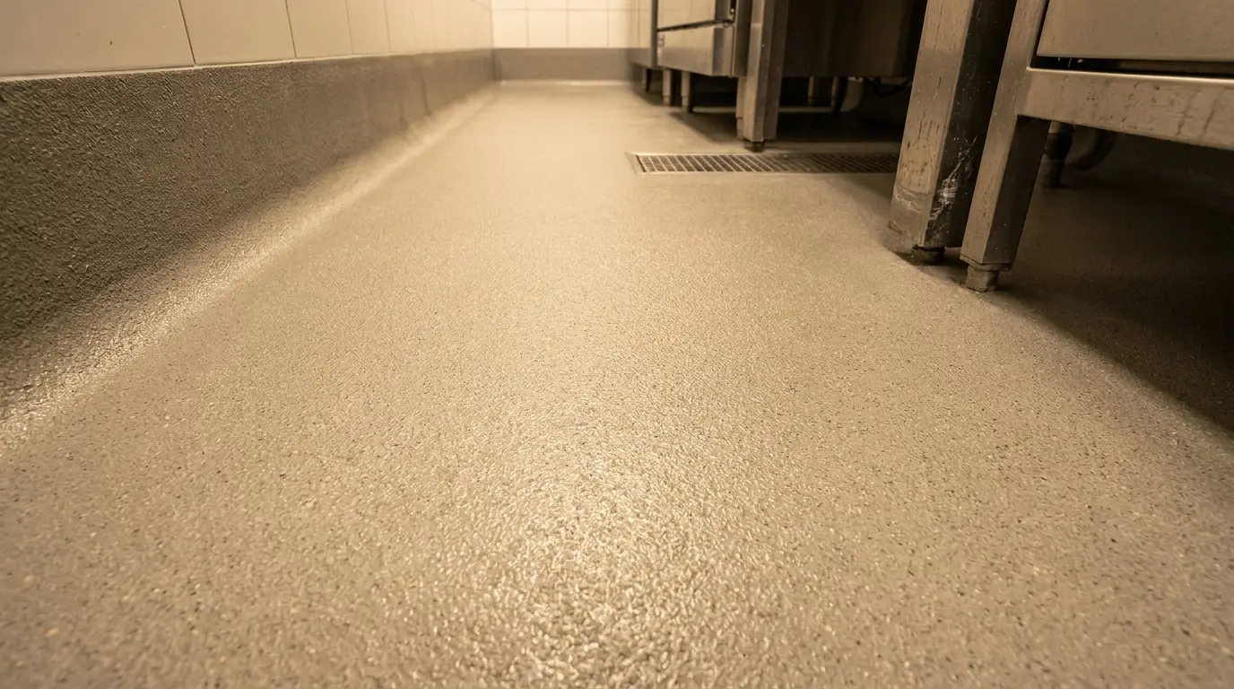 Urethane cement floor coating with coved base in commercial kitchen