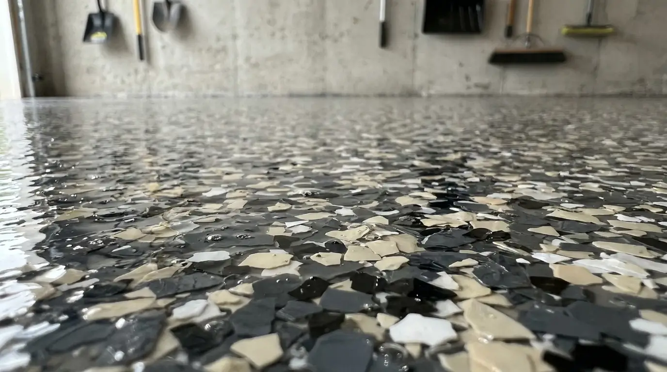 Decorative epoxy flake broadcast floor with charcoal and beige vinyl chips