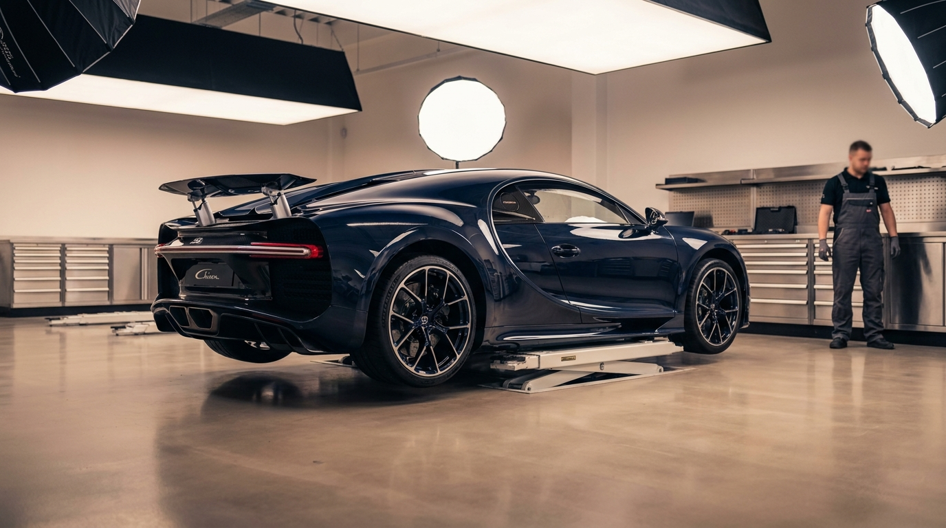 Bugatti Chiron ownership cost — Chiron on a service lift in a luxury automotive service facility
