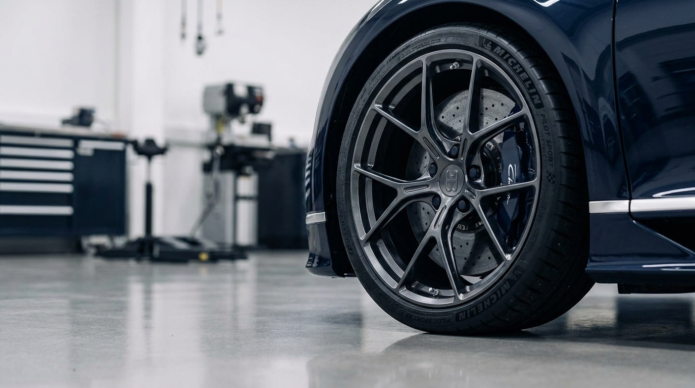 Bugatti Chiron maintenance cost detail — forged wheel, carbon-ceramic brake disc, and Michelin tire