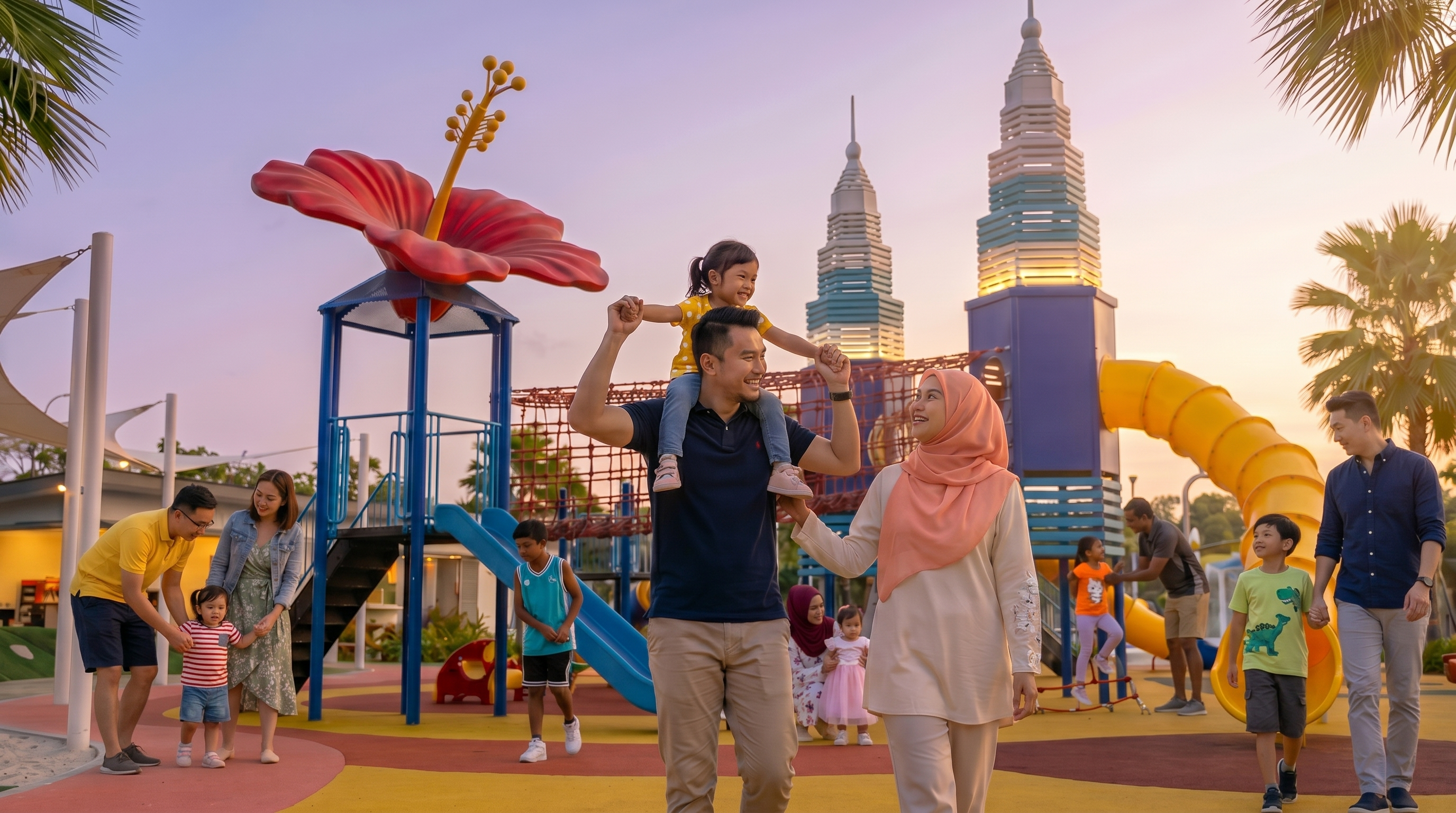 A Malay family at PlayTown Rawang at dusk — father carrying his daughter on his shoulders, mother walking alongside, the Twin Towers playground busy with multi-ethnic Malaysian families