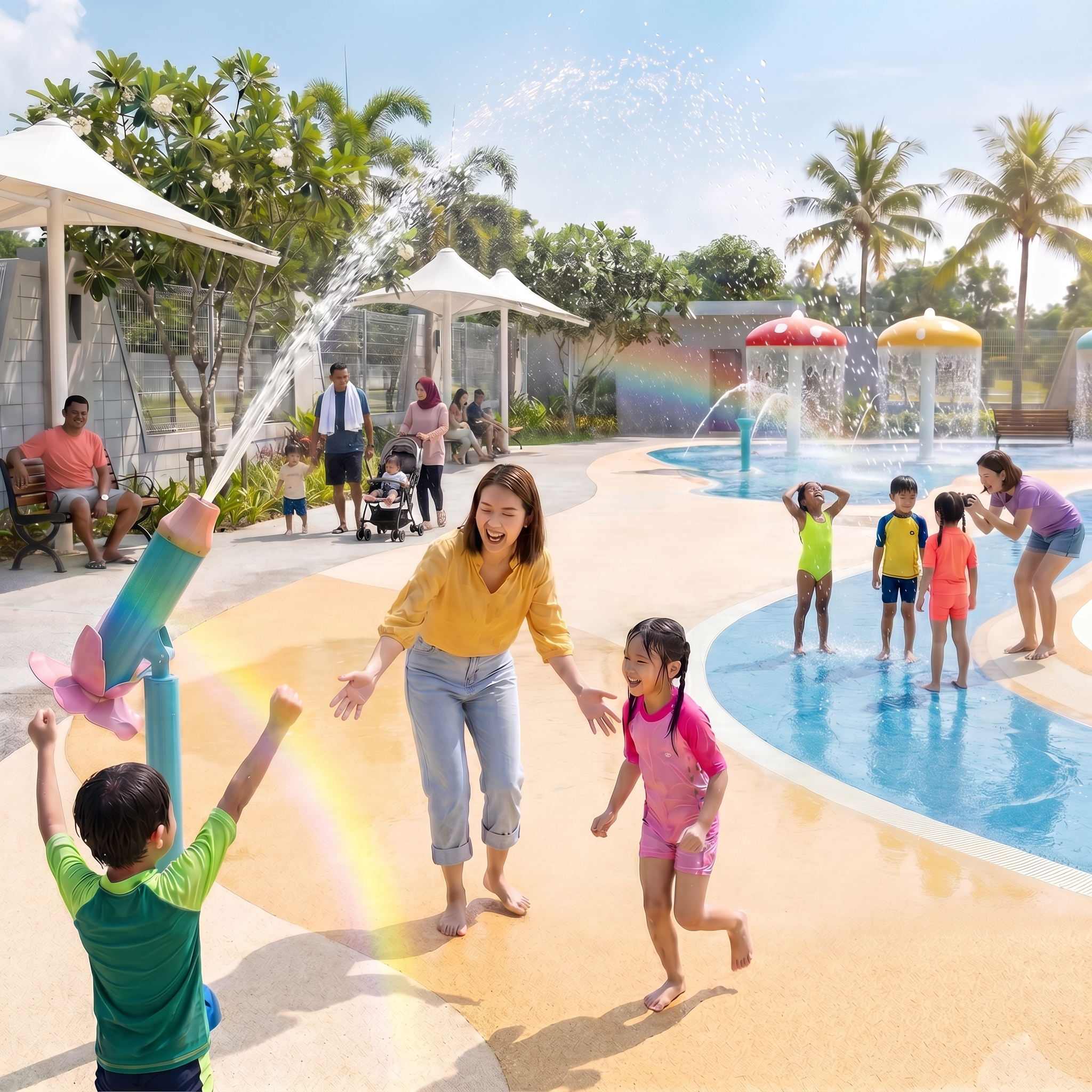 A Chinese-Malaysian mother laughing as her drenched daughter runs to her at PlayTown's Splash Park