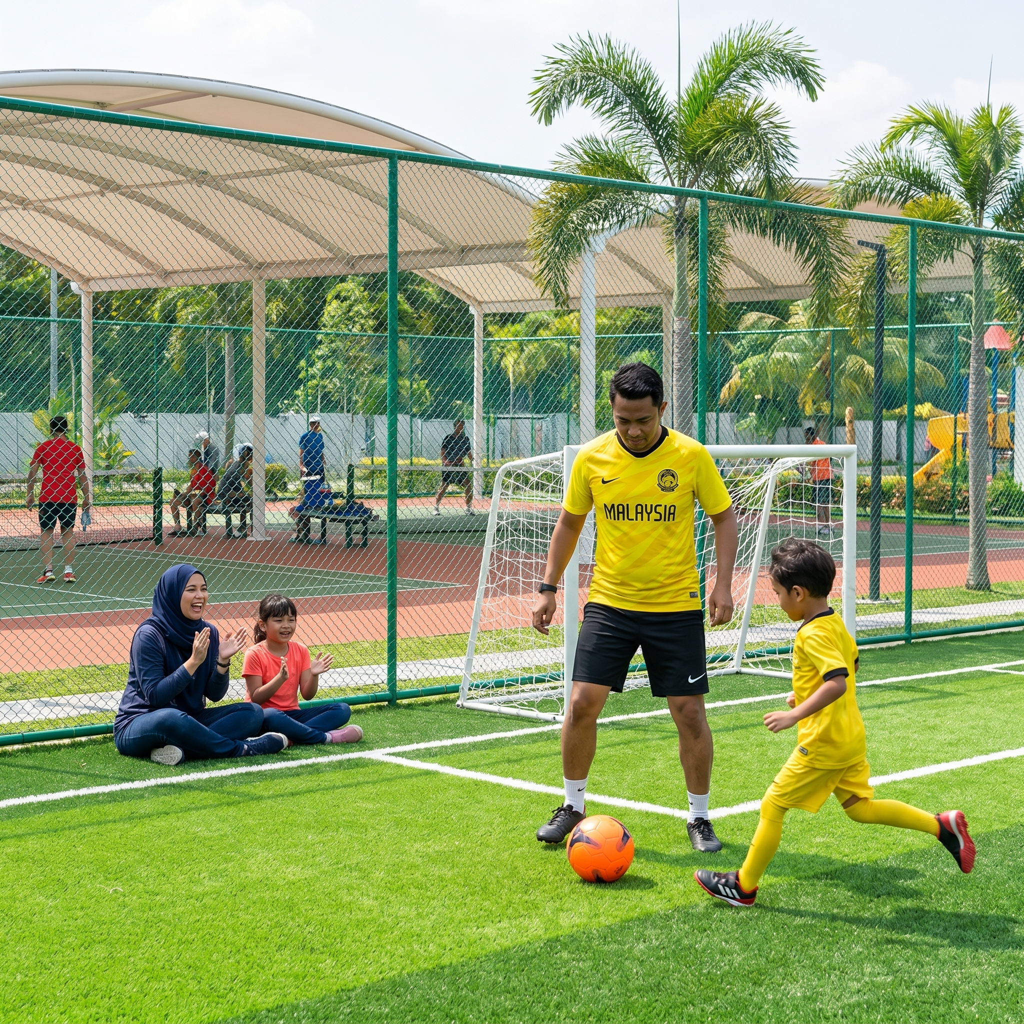 A Malay father and son playing football on the mini soccer pitch at PlayTown Rawang, mother and daughter cheering from the sideline