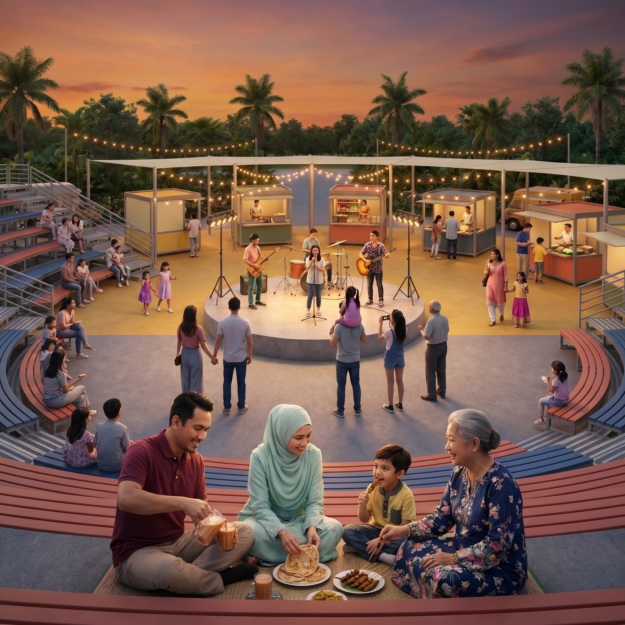 A Malay multi-generational family sharing a meal on the amphitheatre steps at PlayTown Rawang while a live band plays at golden hour