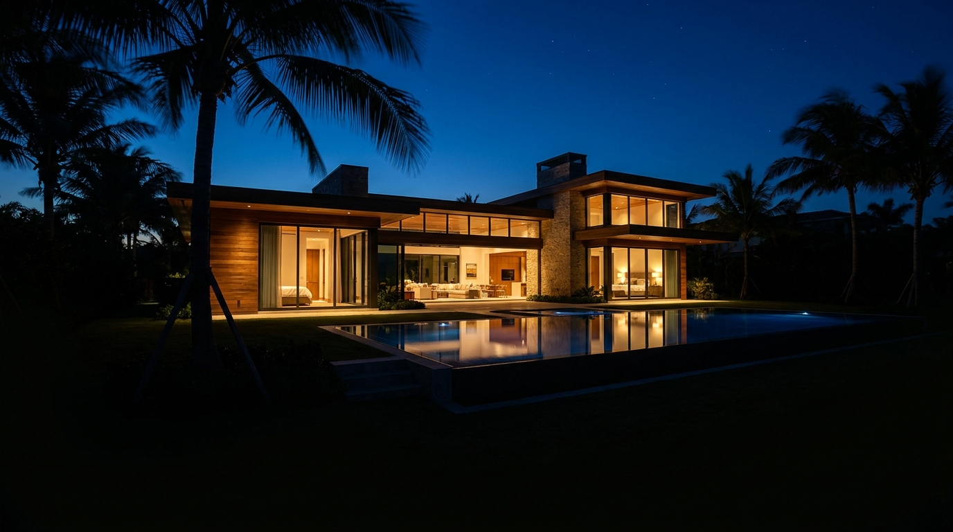A warmly lit home at dusk