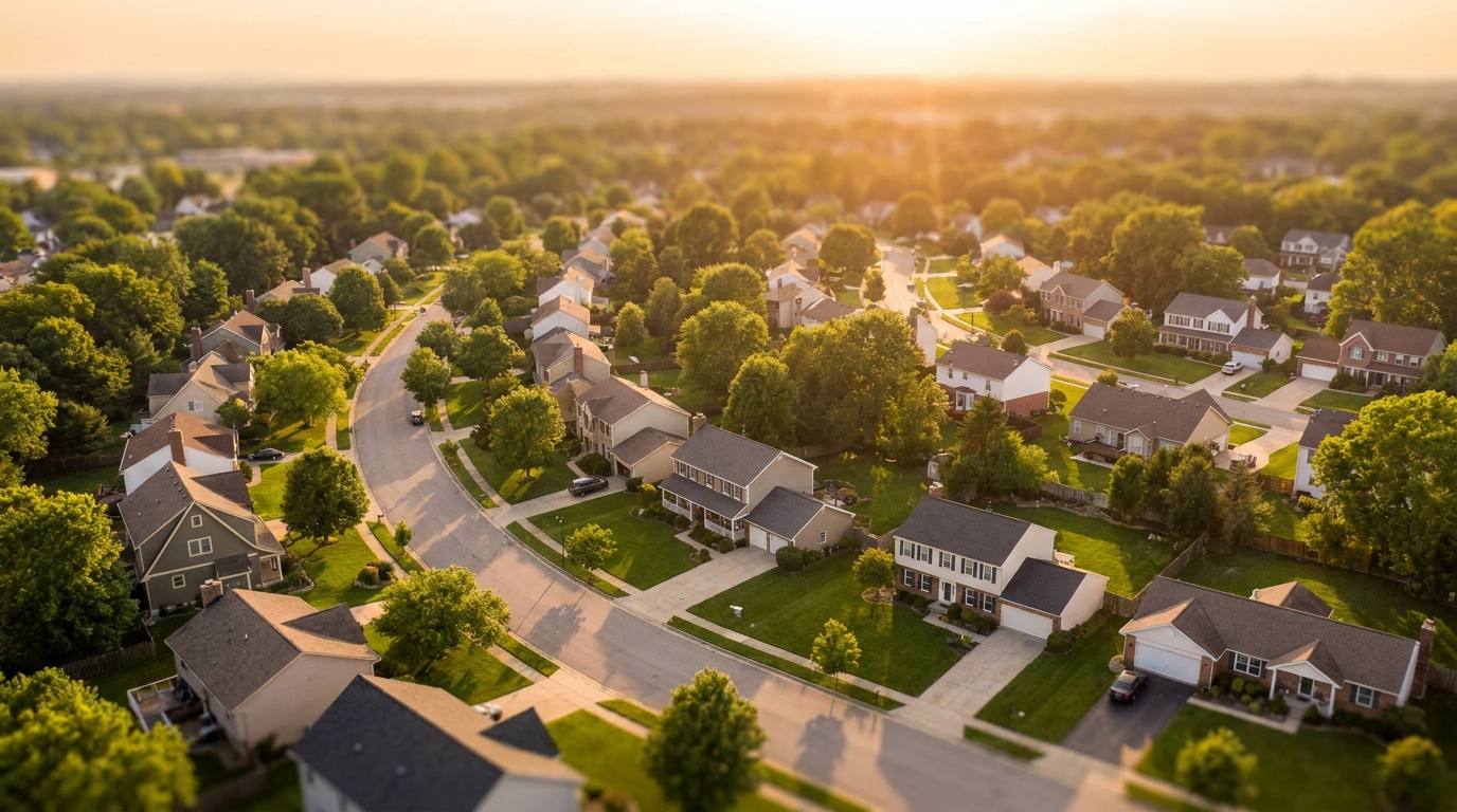 Aerial view of a friendly American residential neighborhood at golden hour