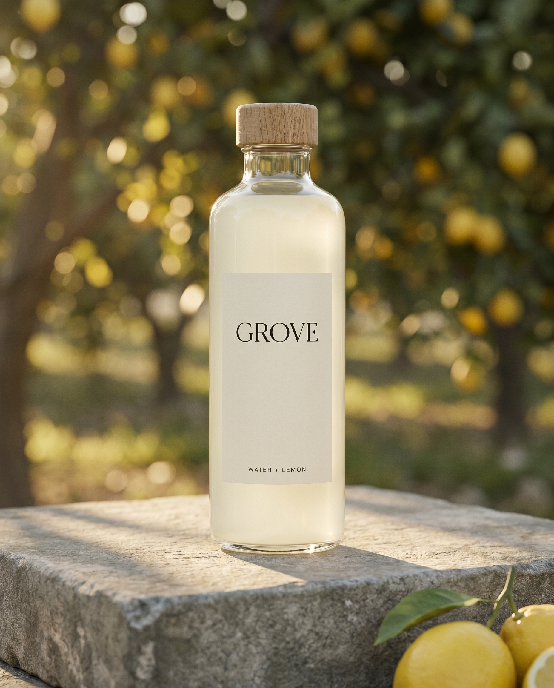 GROVE bottle on a stone plinth in a lemon grove
