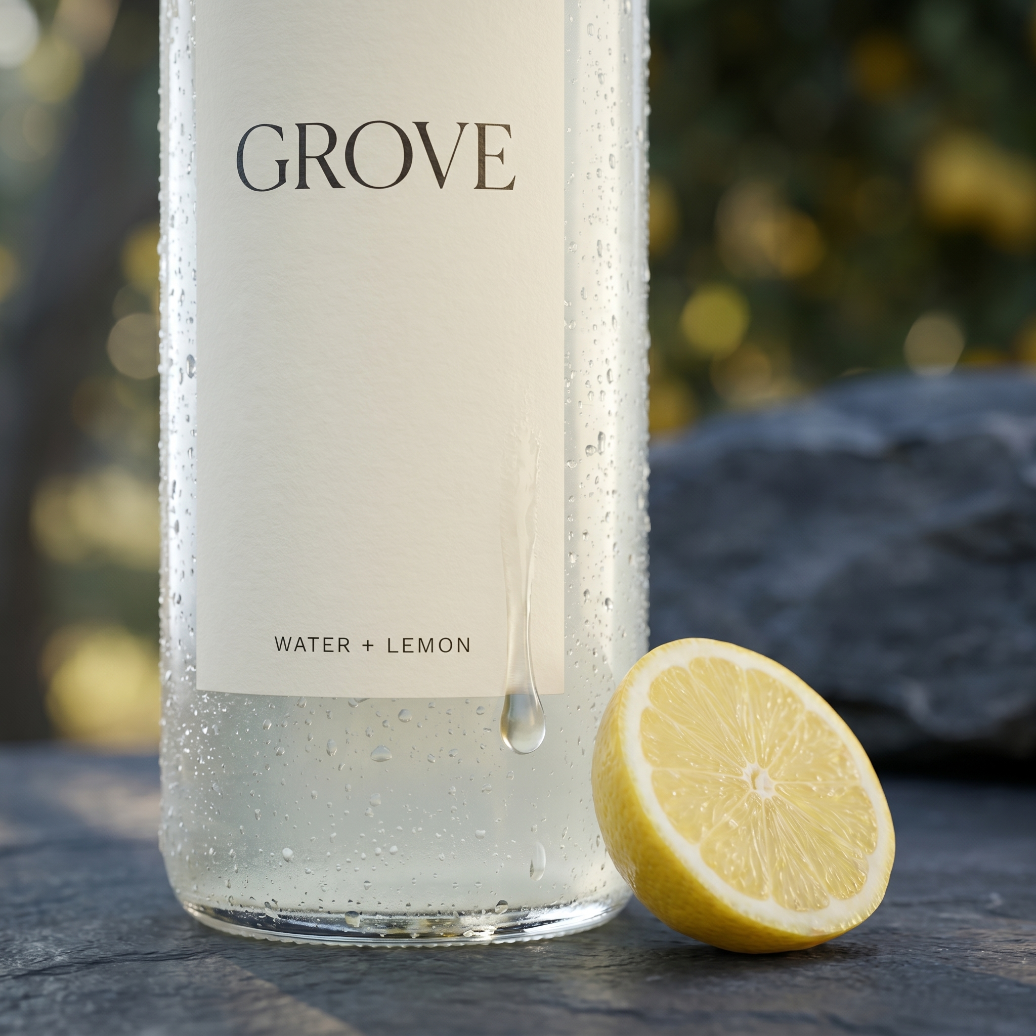 Macro of condensation on the GROVE glass bottle beside a lemon slice