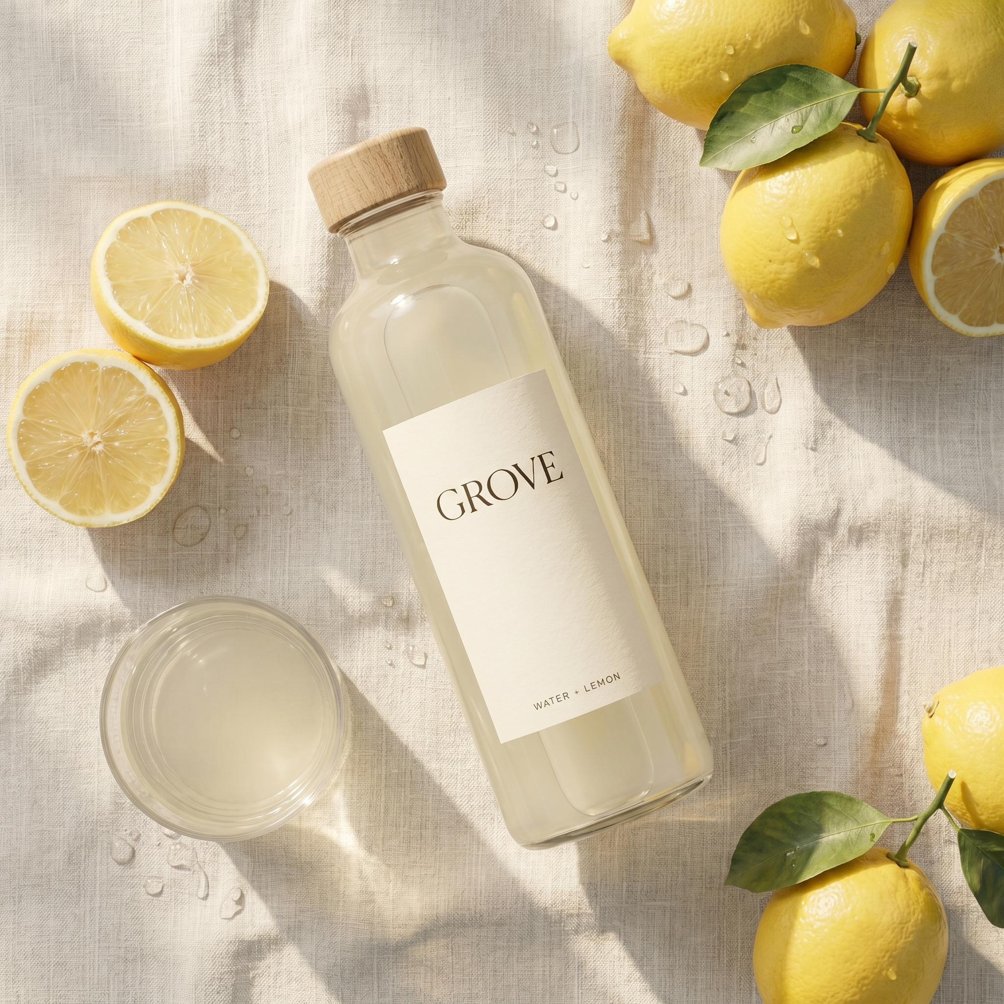 GROVE bottle lying on cream linen among halved organic lemons