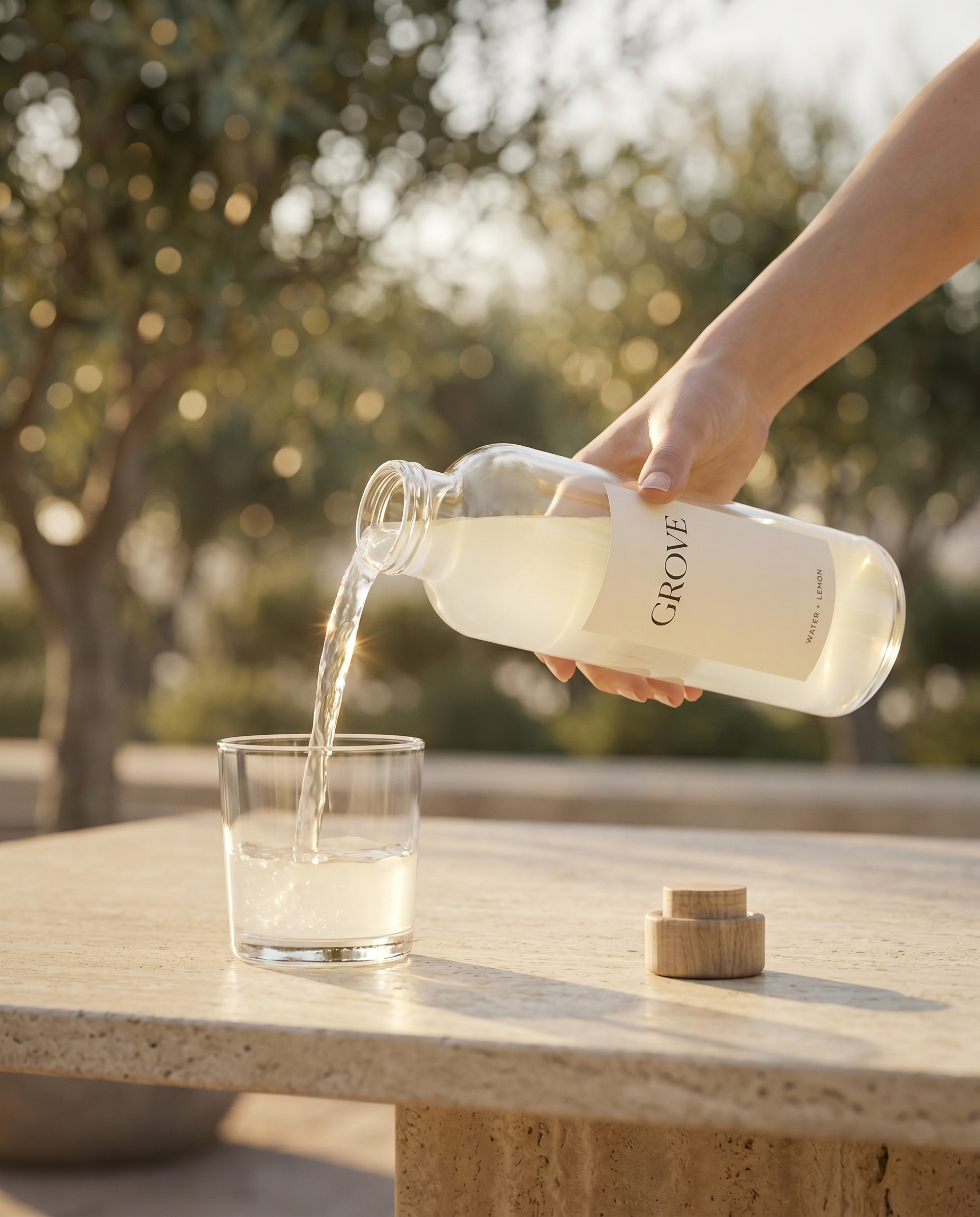 Hand pouring GROVE lemon water into a tumbler on travertine
