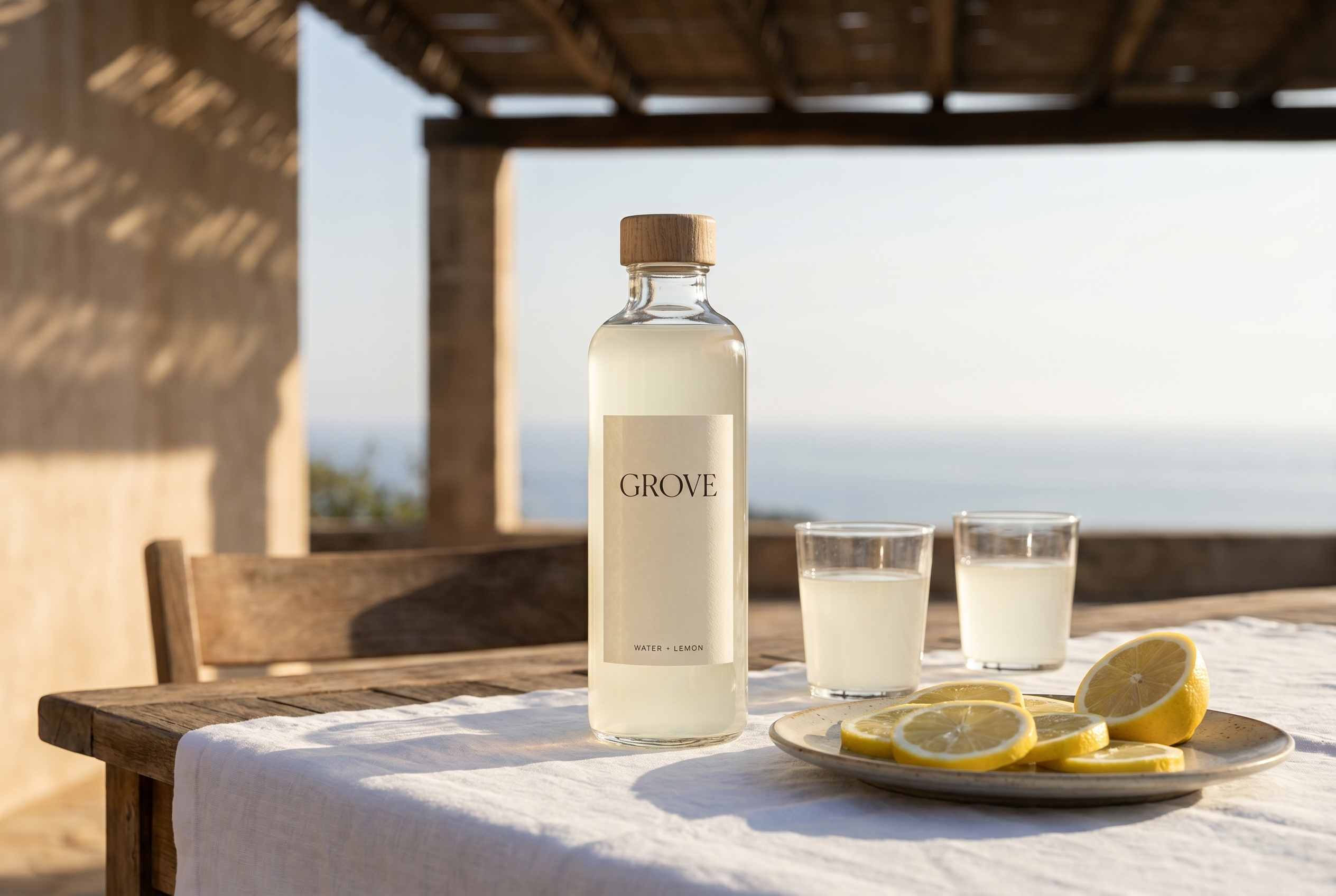 GROVE bottle on a linen alfresco lunch table