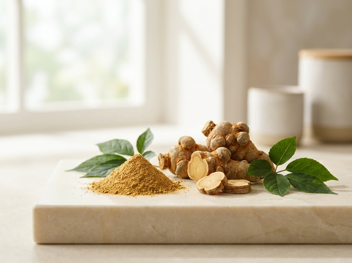 Fresh Panax notoginseng roots and powder on a stone surface