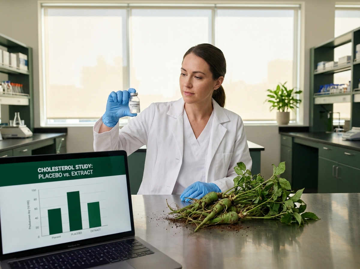 Researcher studying notoginseng extract in a clinical lab