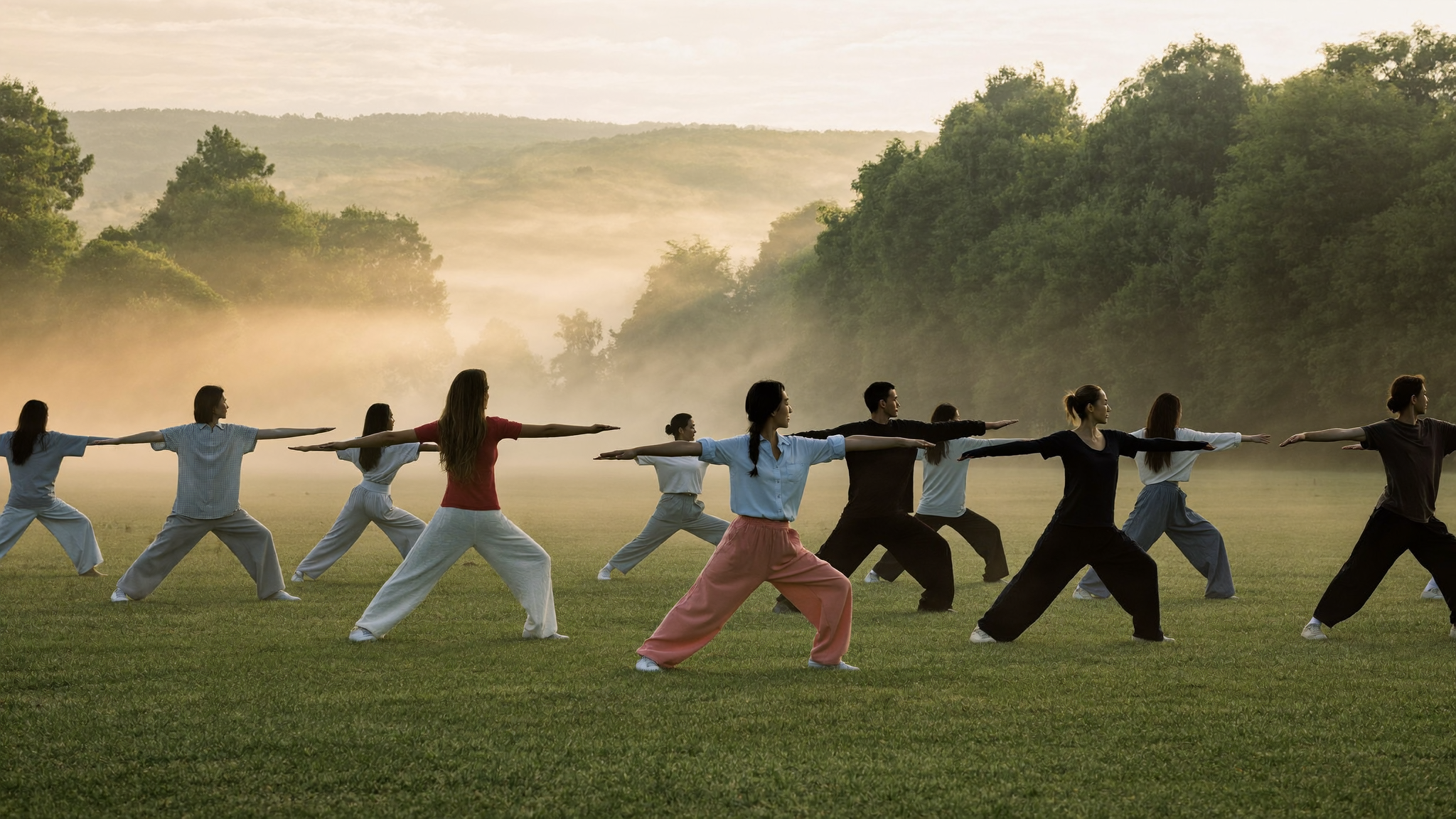 Students practicing tai chi on the campus lawn at sunrise
