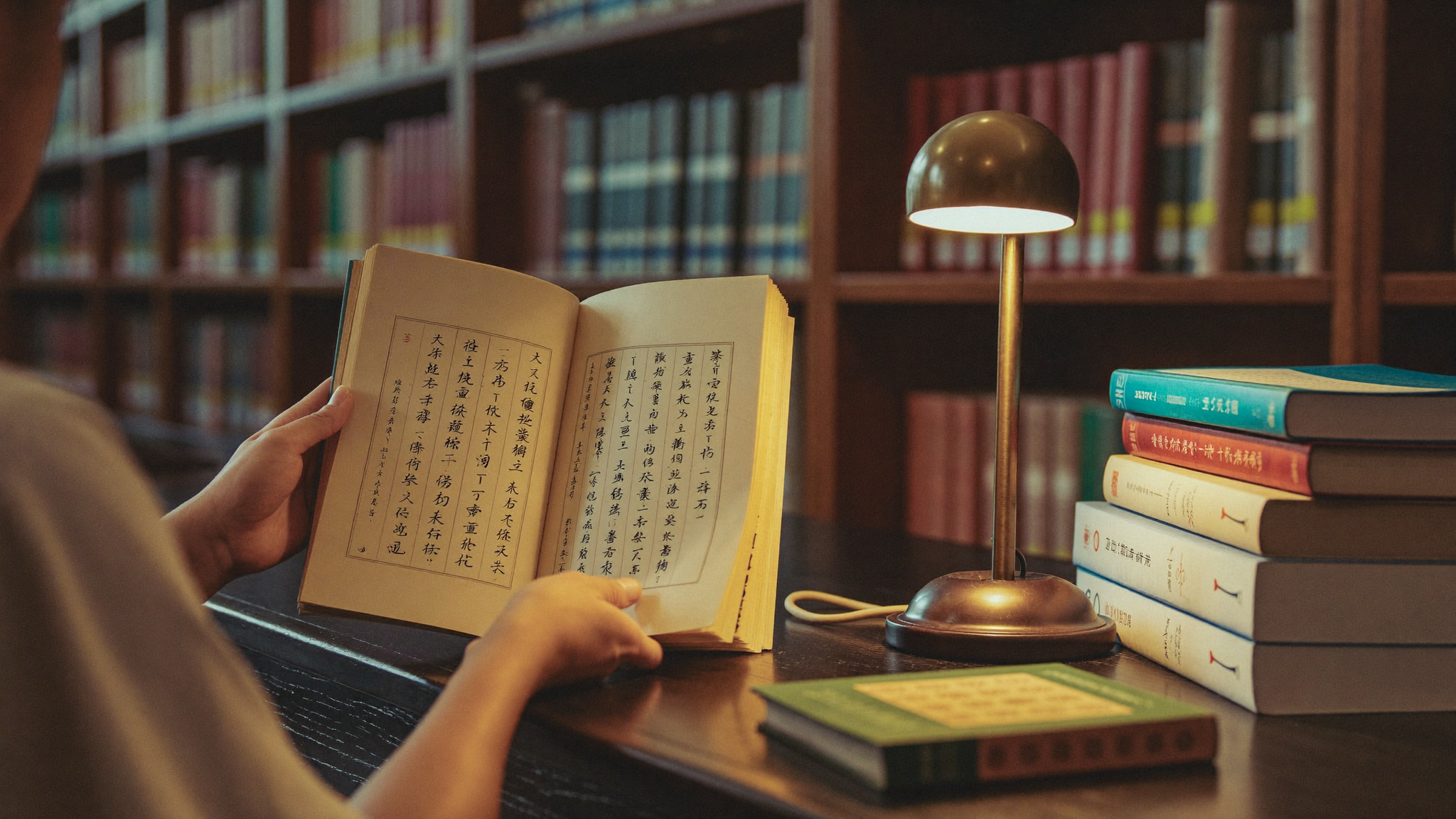 Student reading a classical thread-bound text in the library