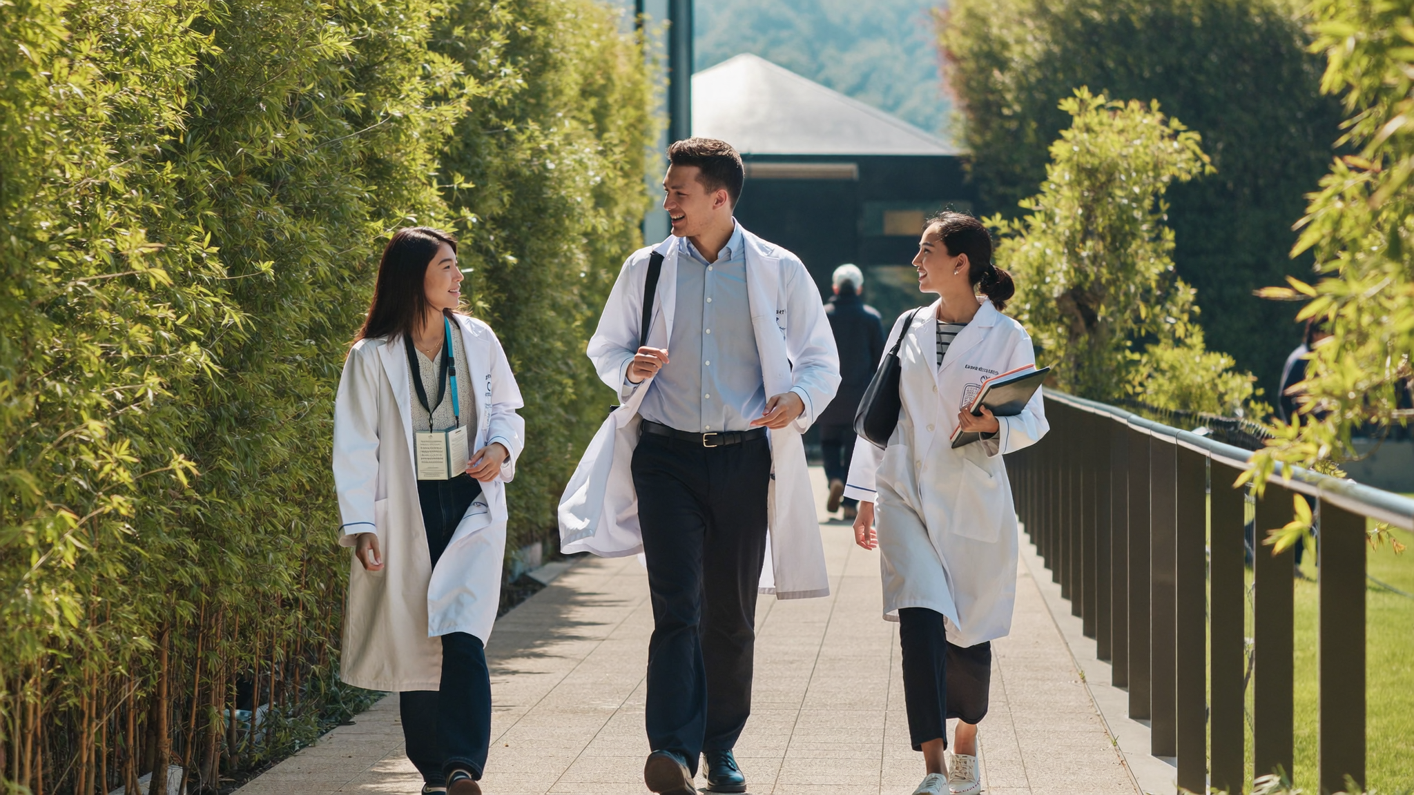 Students in white coats walking on campus