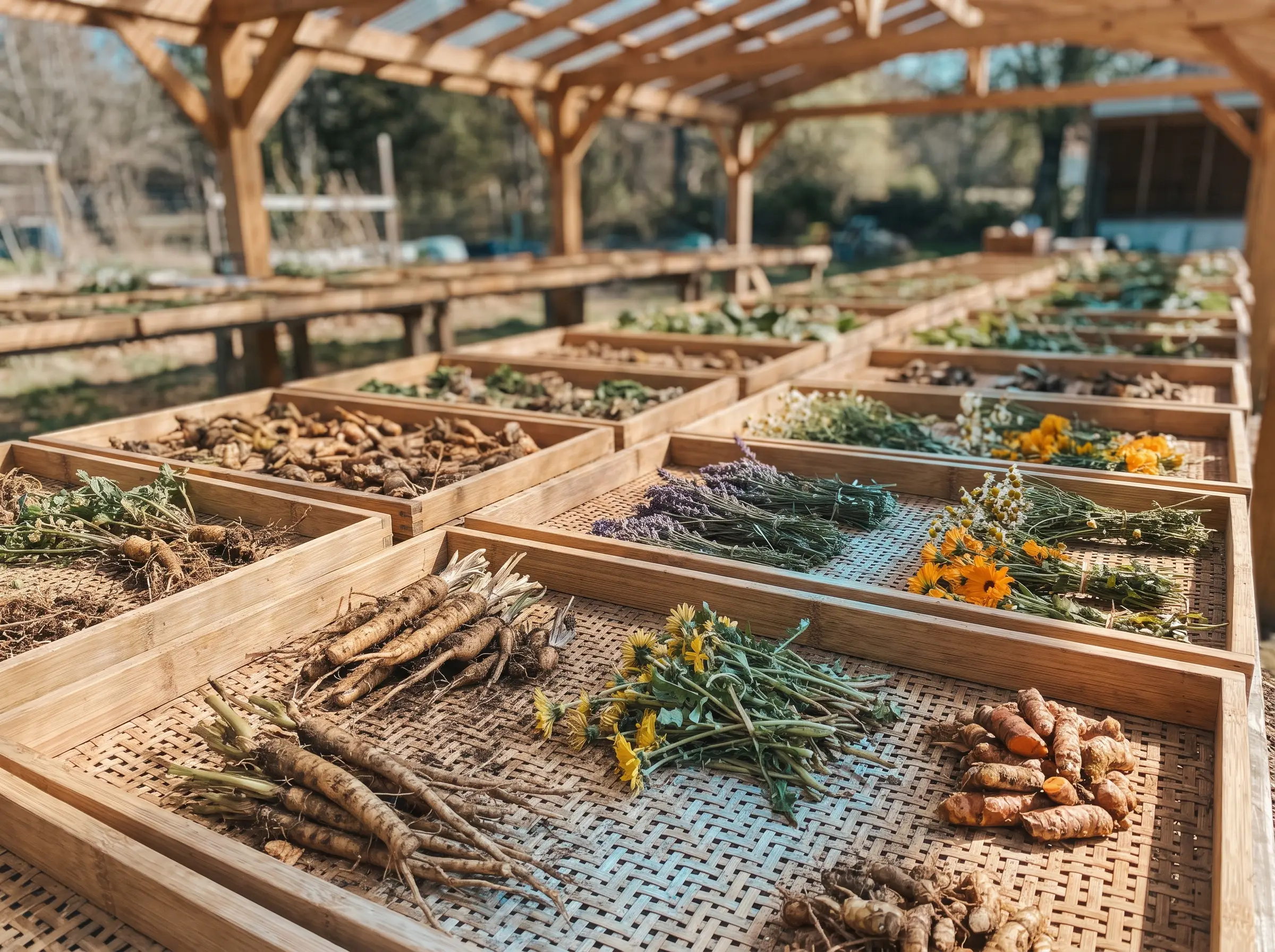 Harvested roots drying on trays