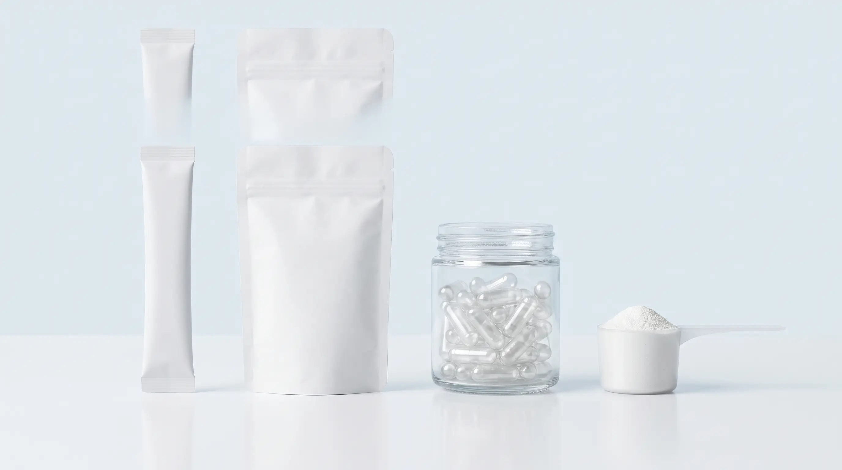 Unlabeled stick pack, pouch, capsule jar and powder scoop
