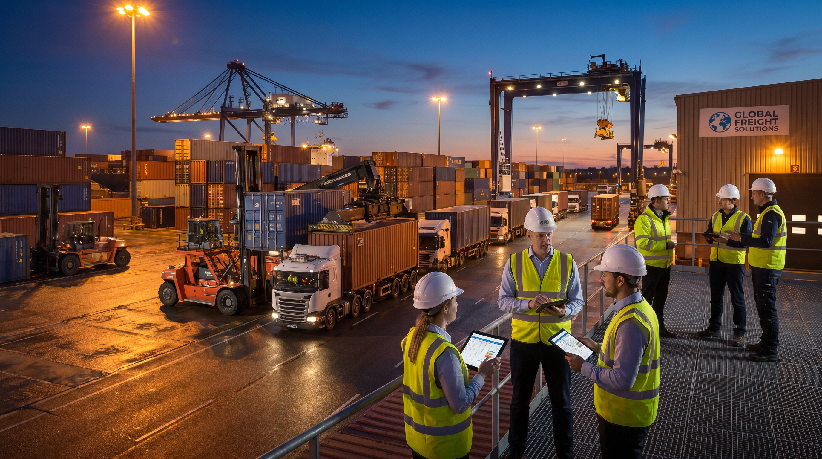 Project managers coordinating international logistics at a distribution hub