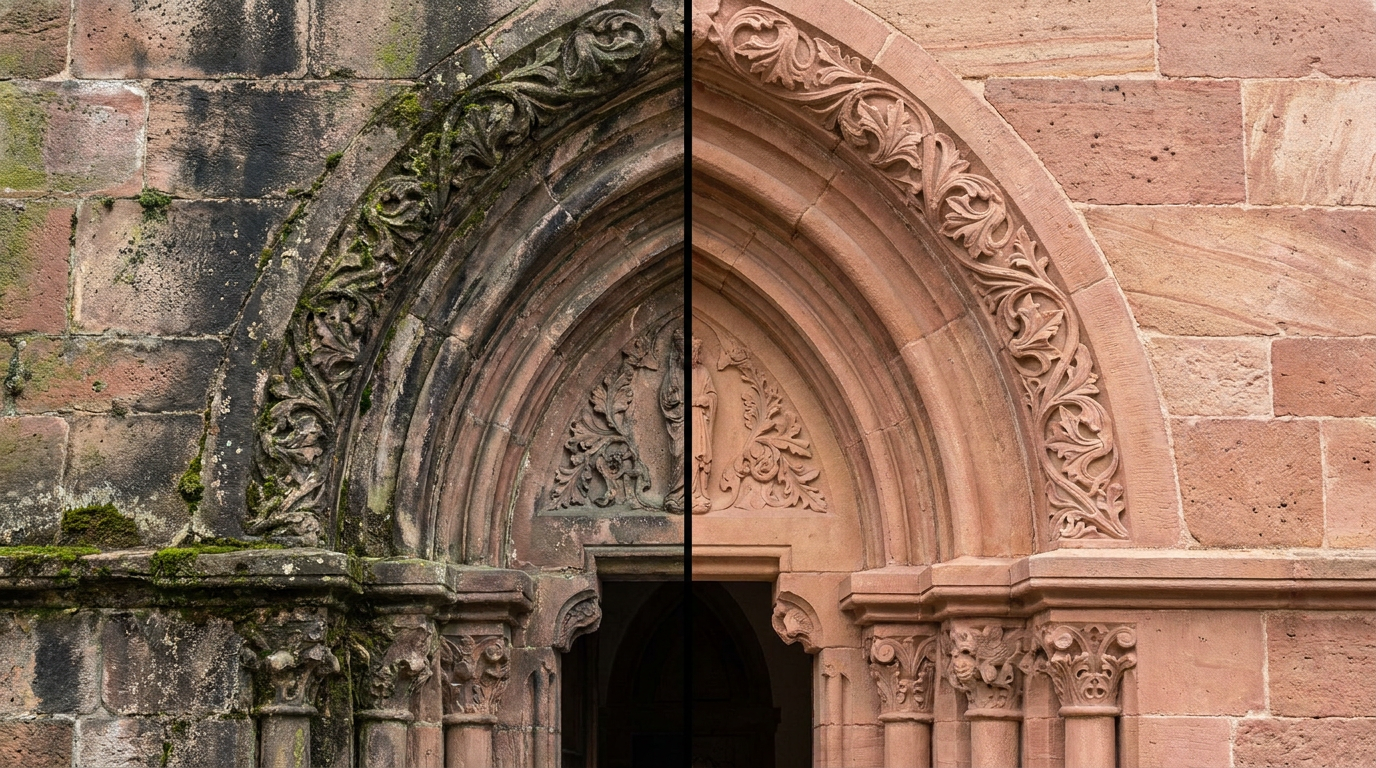 Nettoyage laser de pierre historique — grès rose des Vosges, avant/après, Colmar et Strasbourg