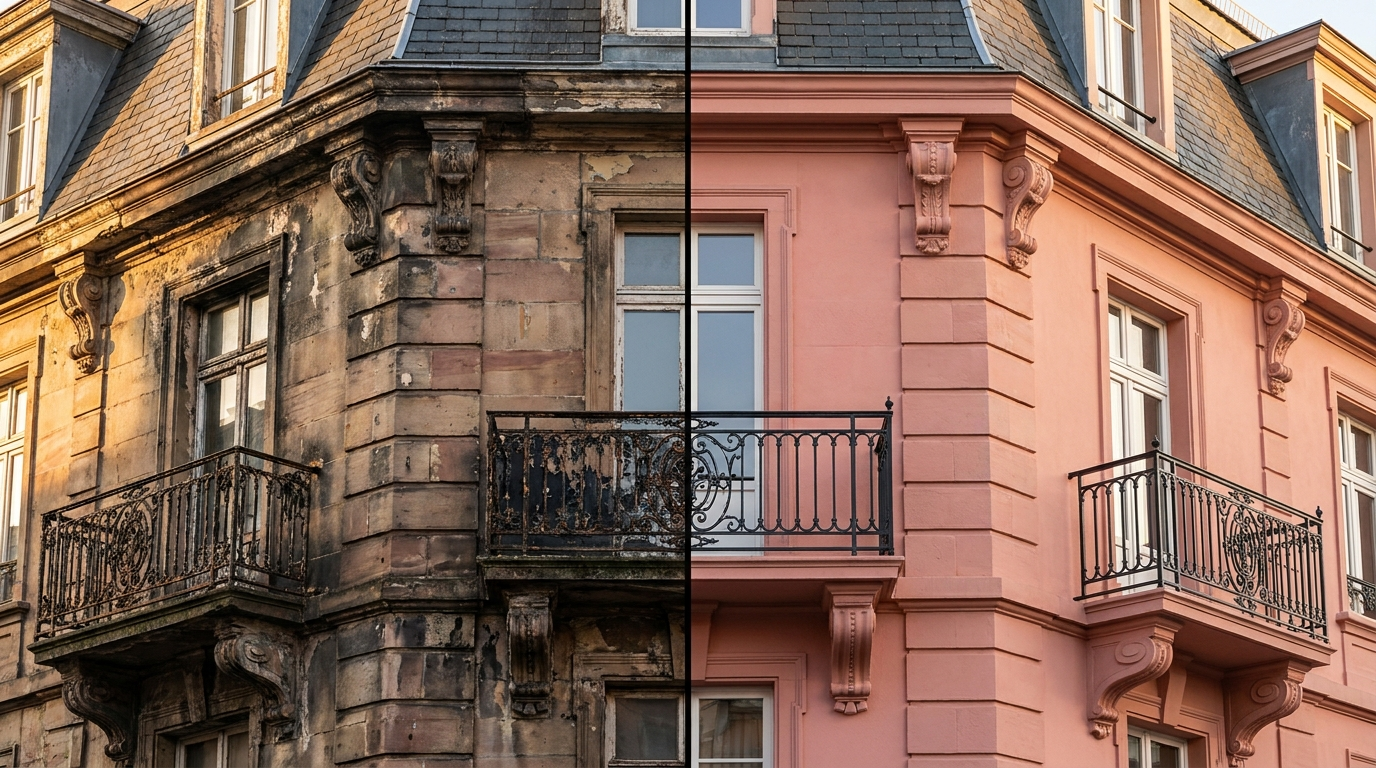 Décapage laser Strasbourg — grès rose, ferronnerie, secteur UNESCO