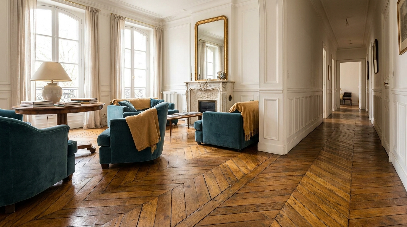 Parquet ancien en point de Hongrie dans un appartement alsacien à Strasbourg