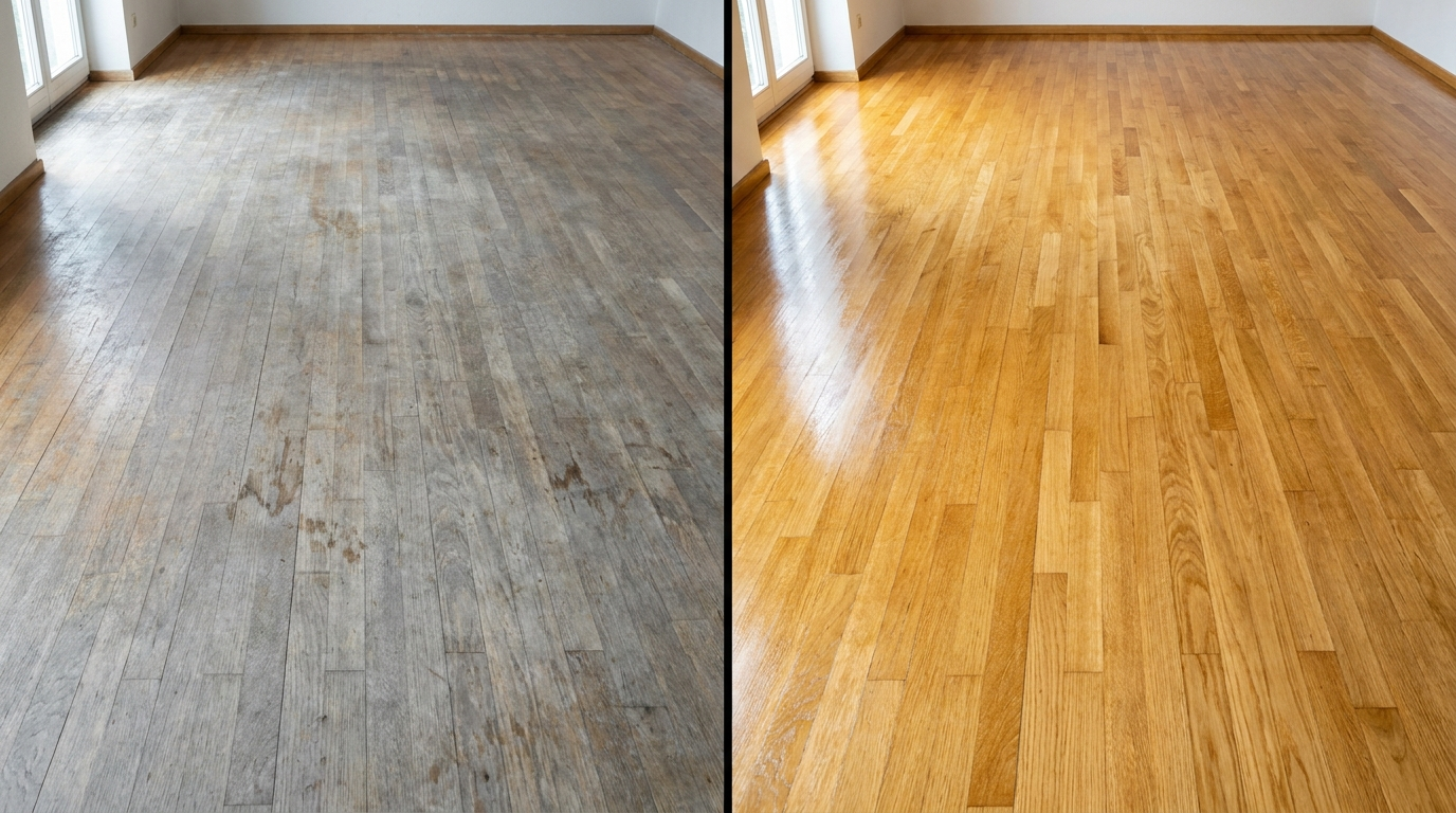 Avant / après : parquet grisé et usé puis poncé et vitrifié ton chêne doré