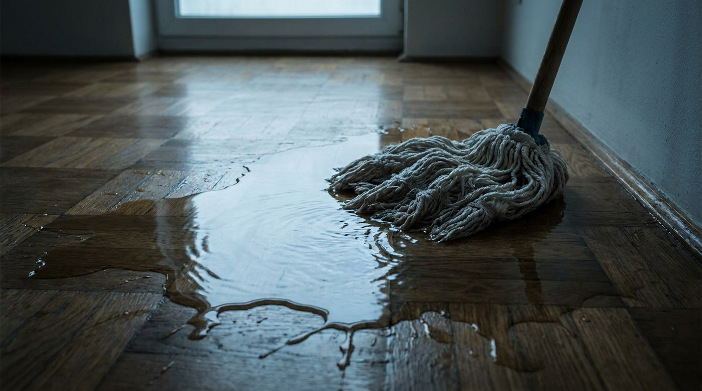 Serpillière trop mouillée sur un parquet : l'excès d'eau, première erreur de nettoyage
