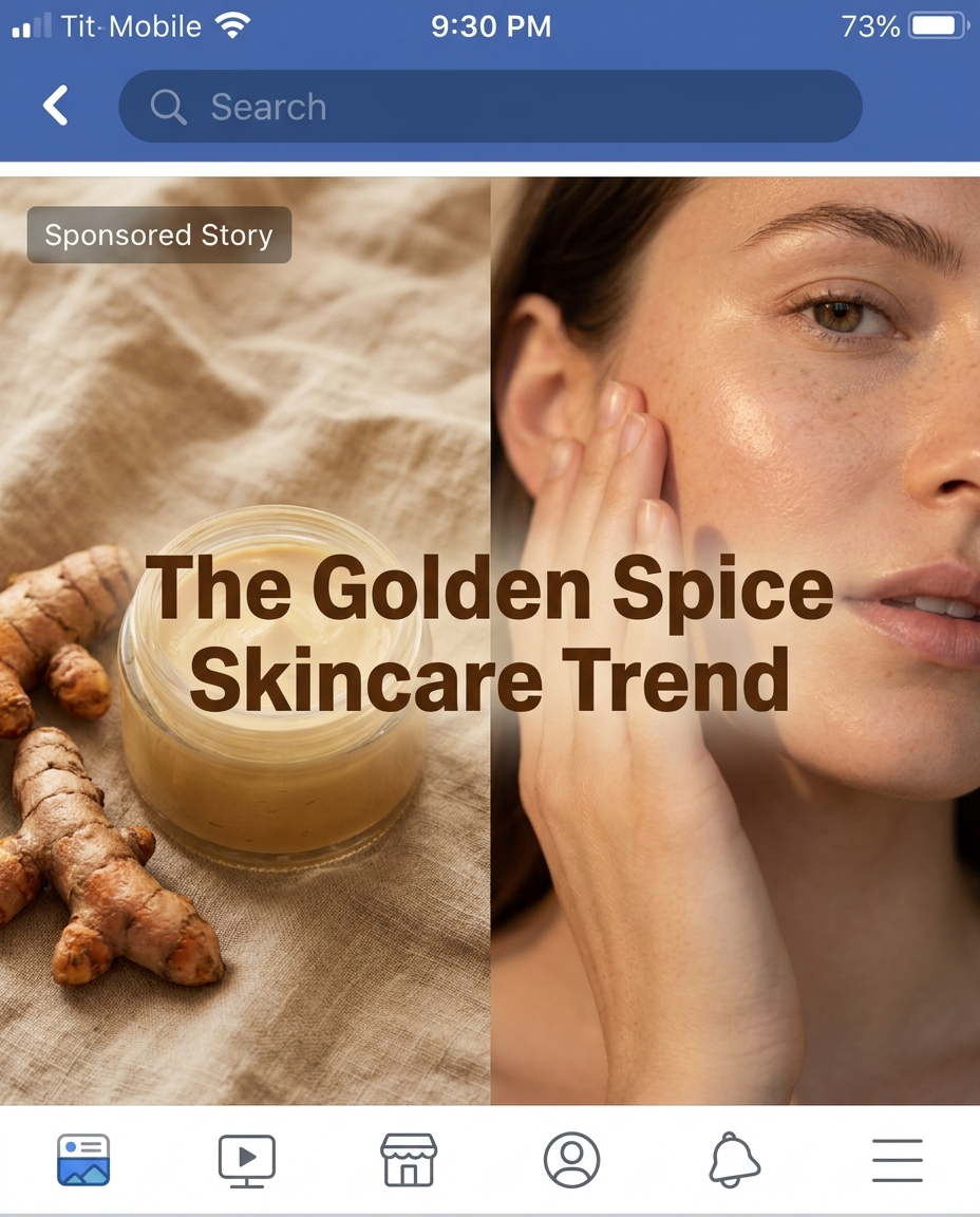 Turmeric and golden cream jar beside glowing skin