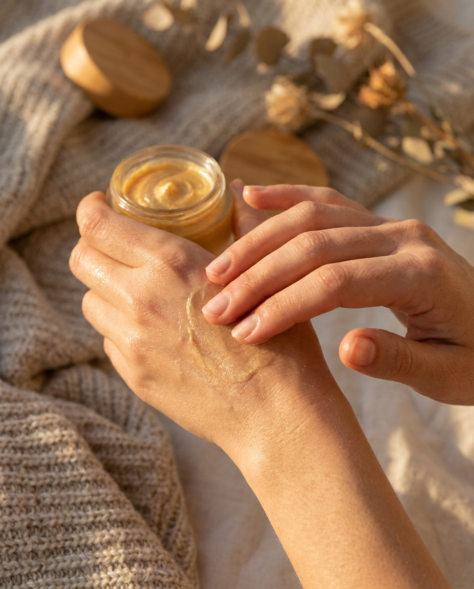Applying turmeric cream to skin