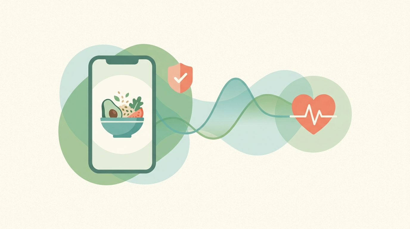 A smartphone showing a healthy meal bowl beside a trust shield, symbolising trustworthy AI nutrition