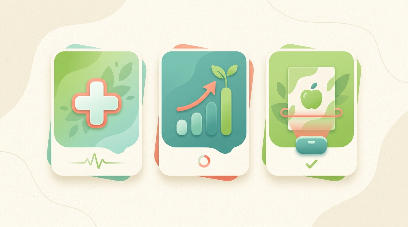 Three news cards showing a hospital cross, a rising chart, and a food label scan