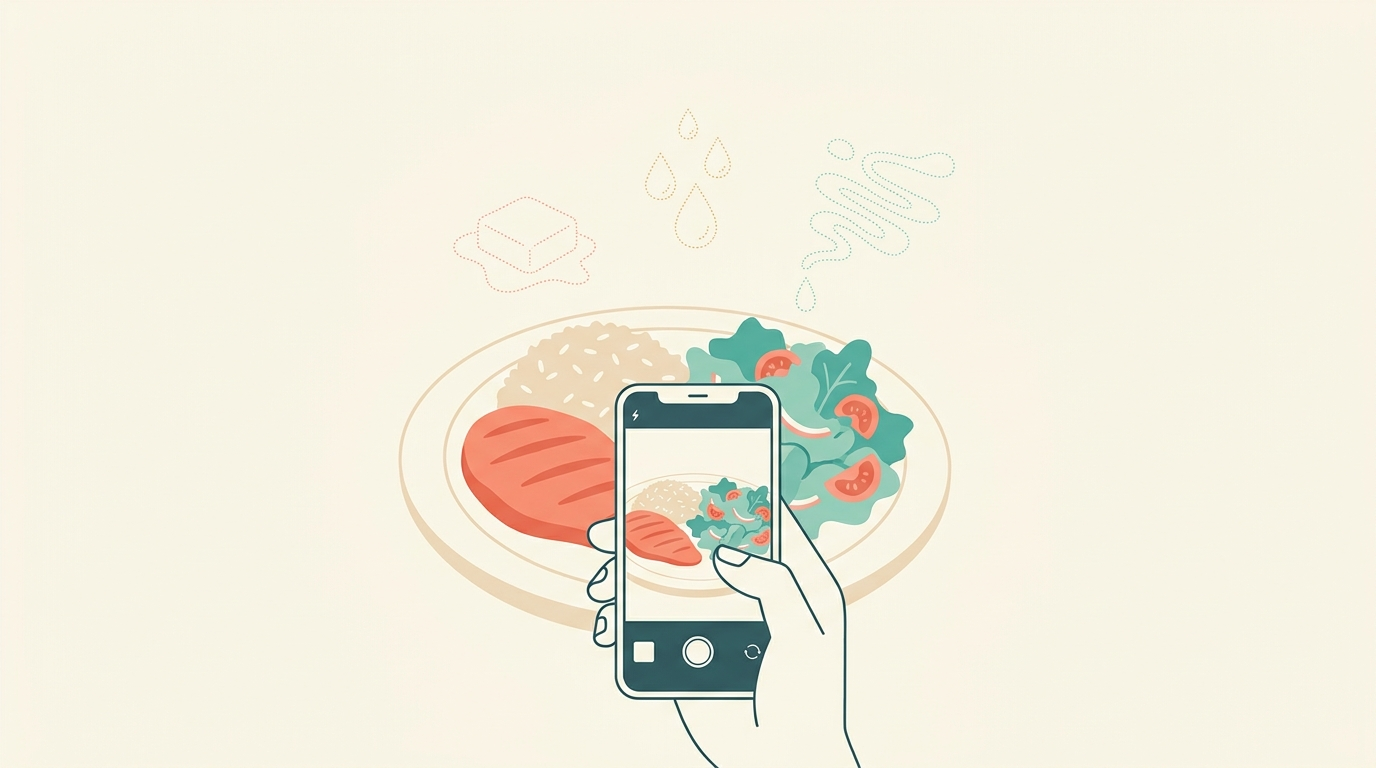 A phone photographing a plated meal, with butter, oil and dressing drawn as faint outlines the camera cannot see