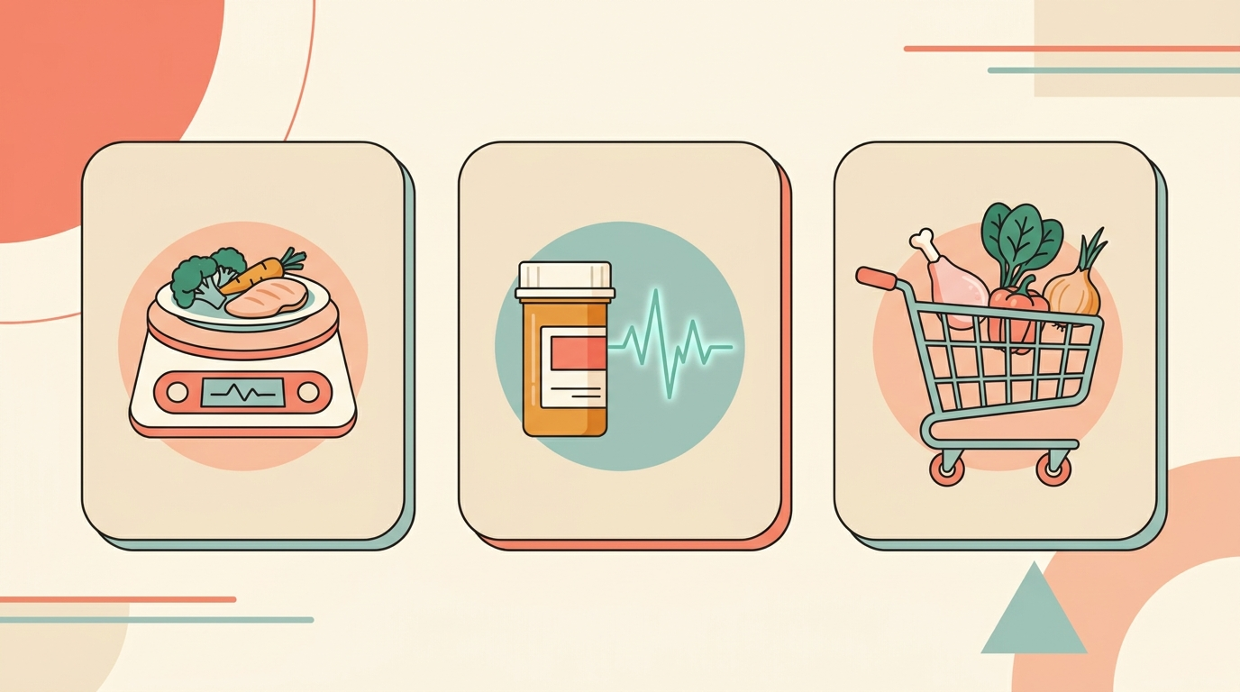 Three news cards showing a lab kitchen scale weighing a meal, a prescription bottle, and a grocery cart