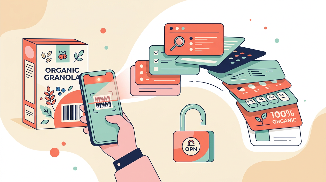 A phone scanning a barcode with an open food database flowing out of it beside an open padlock